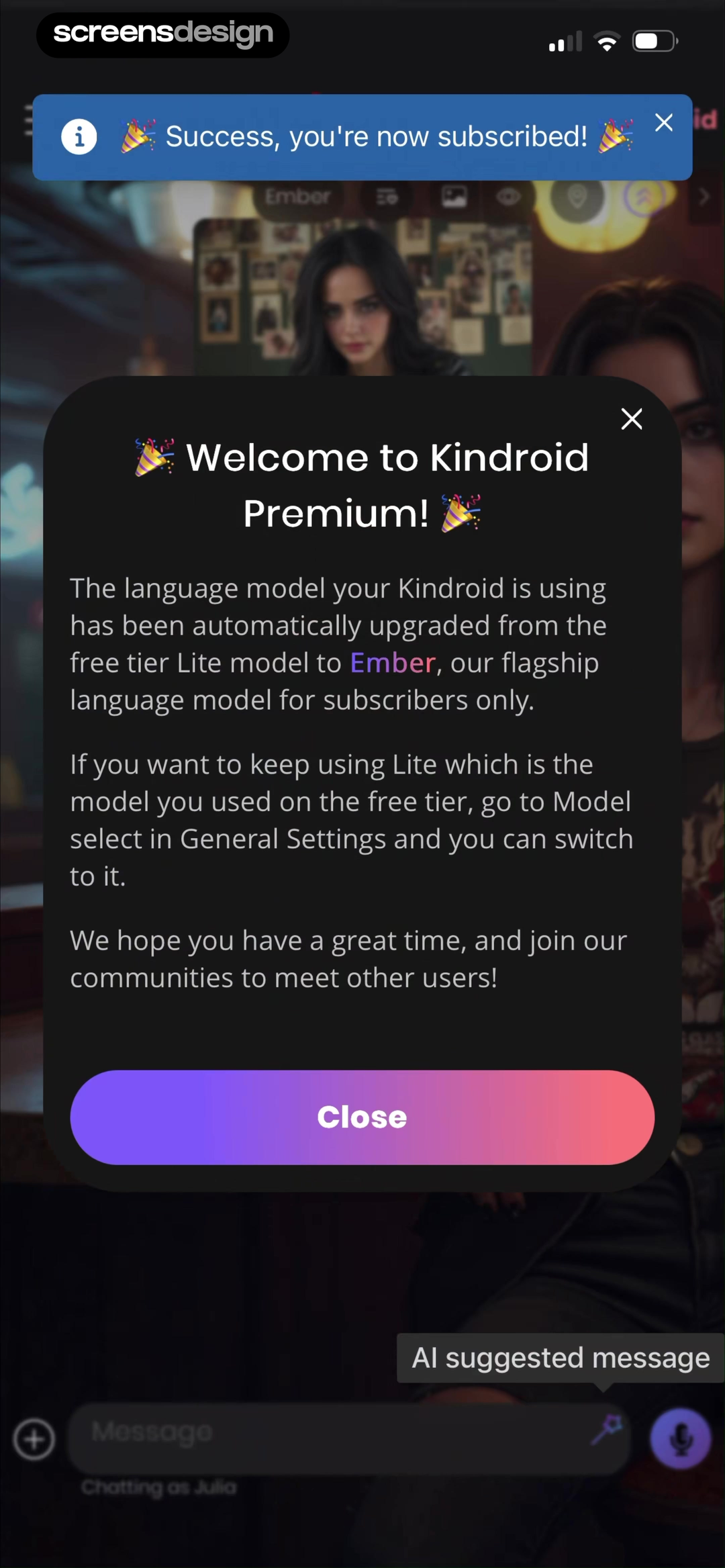 Kindroid: Your Personal AI mobile app screen showing Success, you're now subscribed! and Welcome to Kindroid Premium!