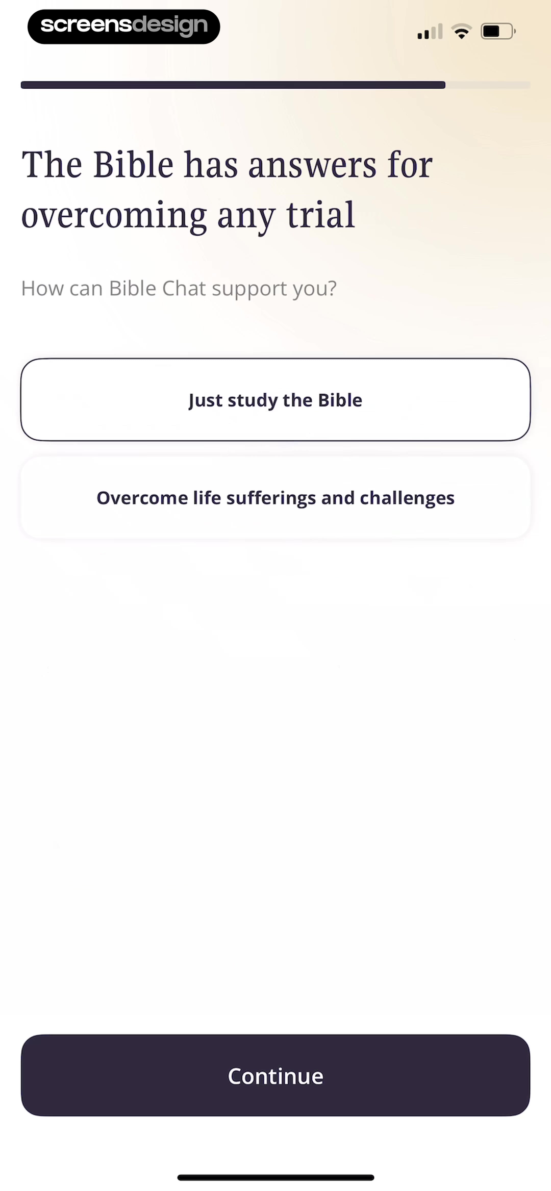 Bible Chat onboarding screen asking how the app can support the user
