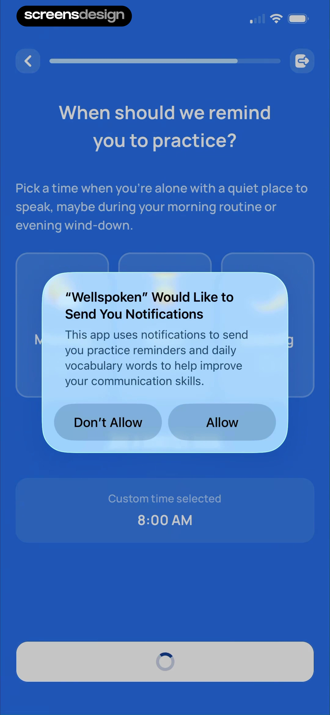 Wellspoken onboarding screen scheduling a practice reminder before notification permission