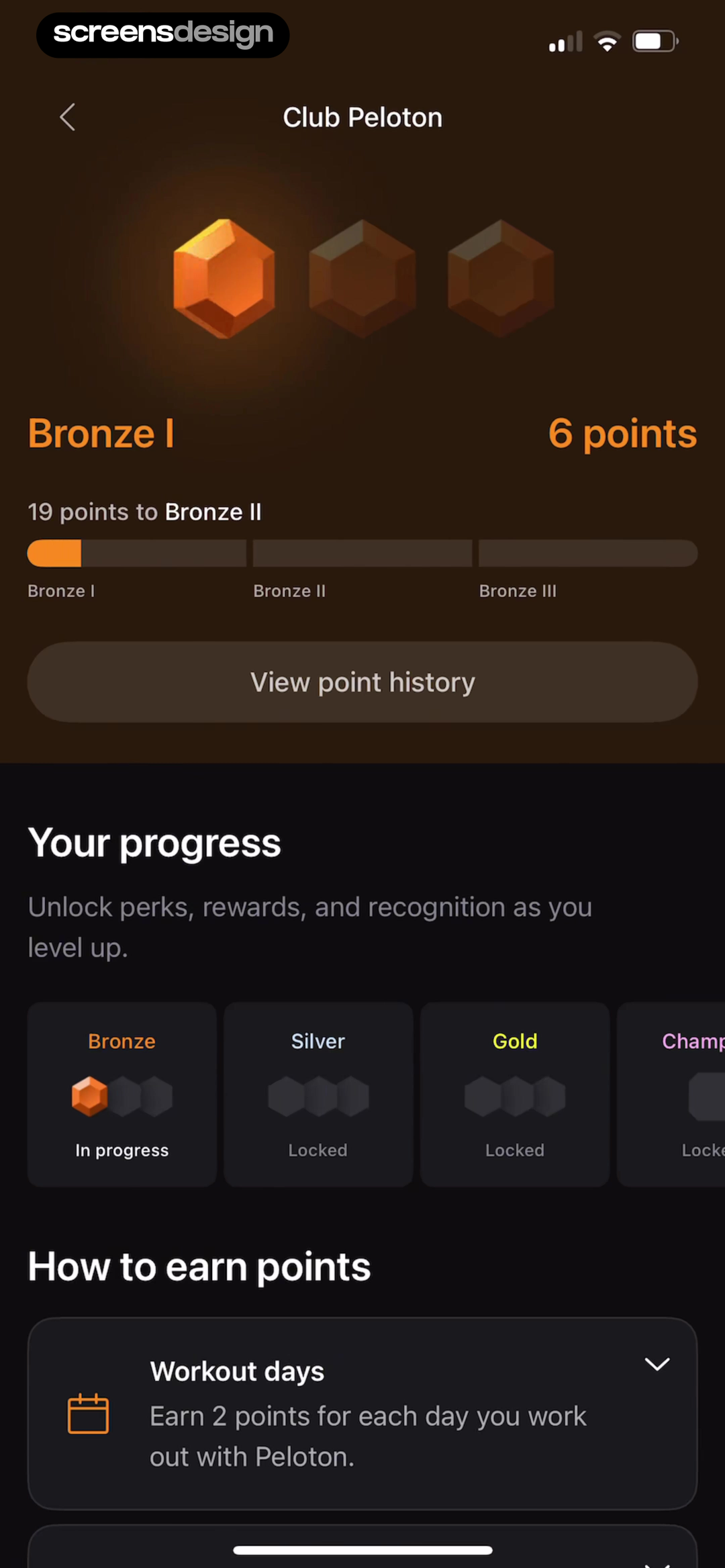 Peloton: Fitness & Workouts screen showing bronze I shows six points, the exact gap to Bronze II, point history, and the broader reward ladder.