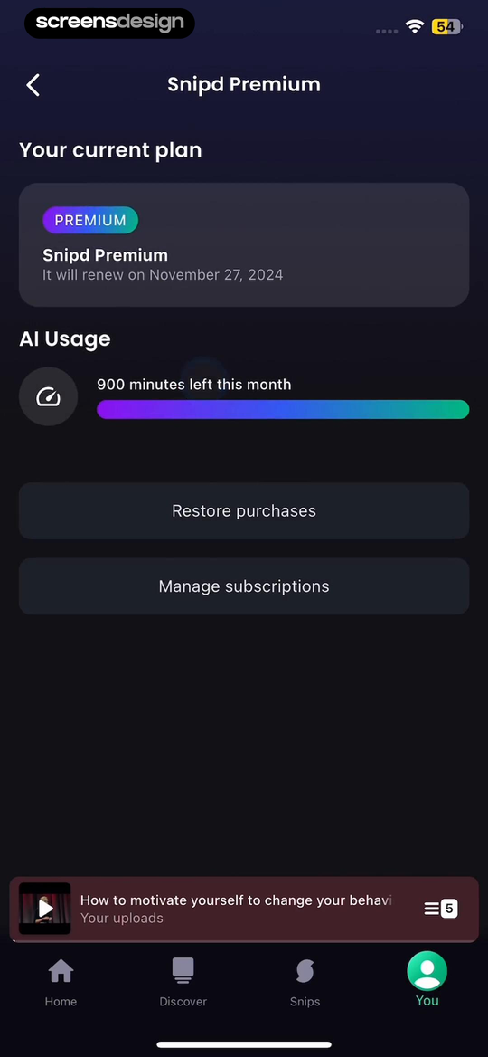 Snipd screen showing premium status, renewal date, and remaining AI minutes make current usage visible