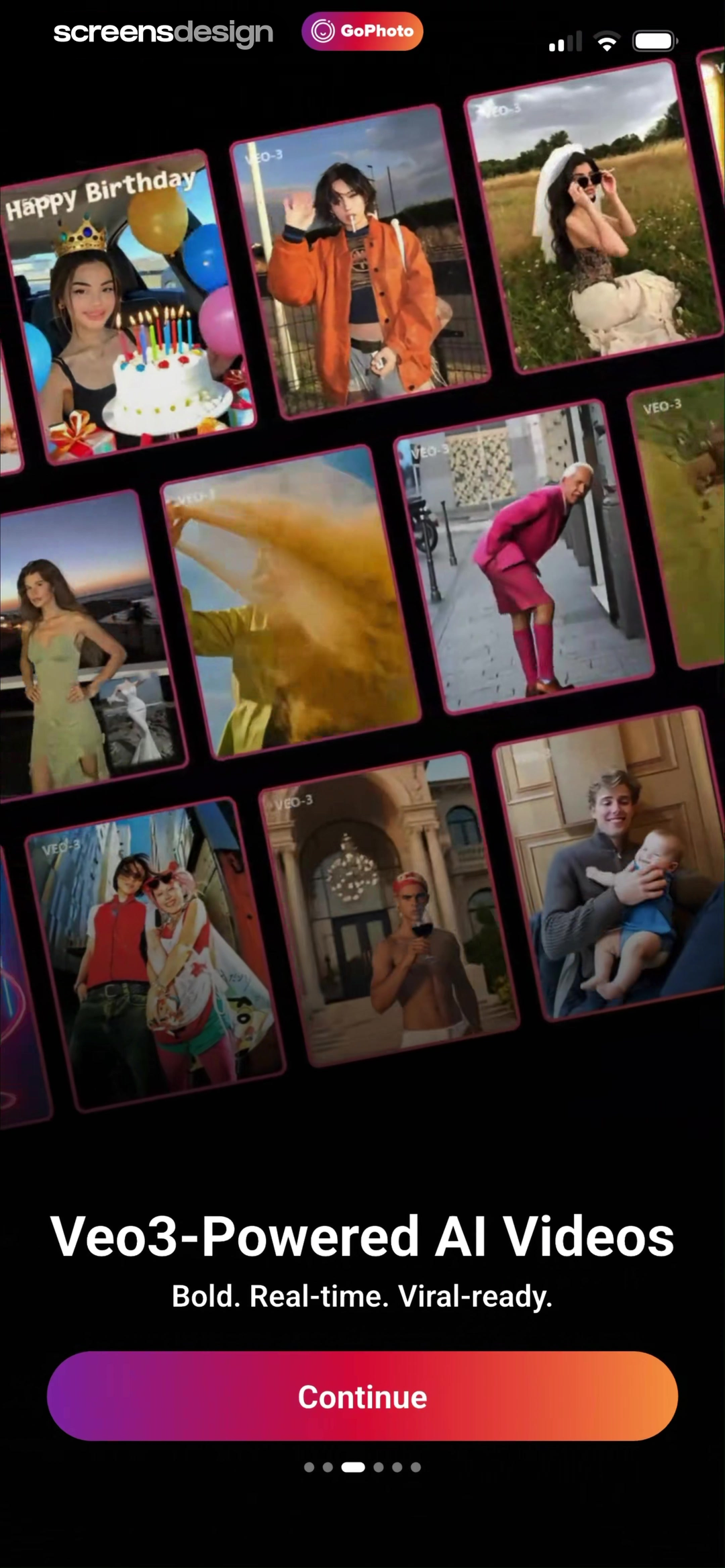 GoPhoto onboarding introducing AI videos with a birthday example