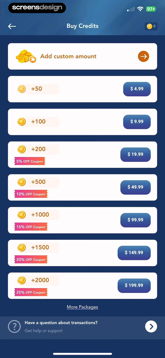Spiritrue: Psychic Reading mobile app screen showing Buy Credits and Add custom amount