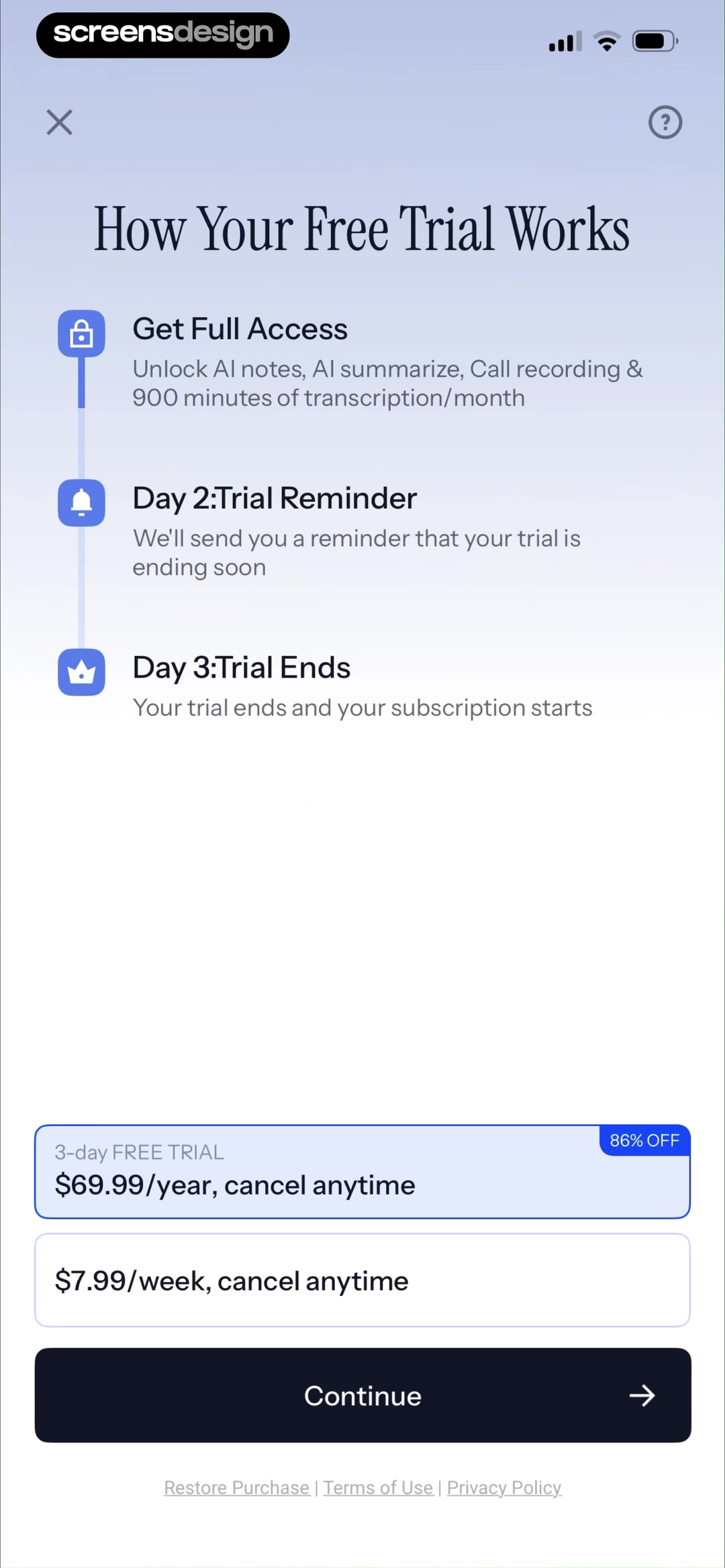 Owll subscription paywall with a three-day trial timeline, annual discount, weekly plan, and restore link