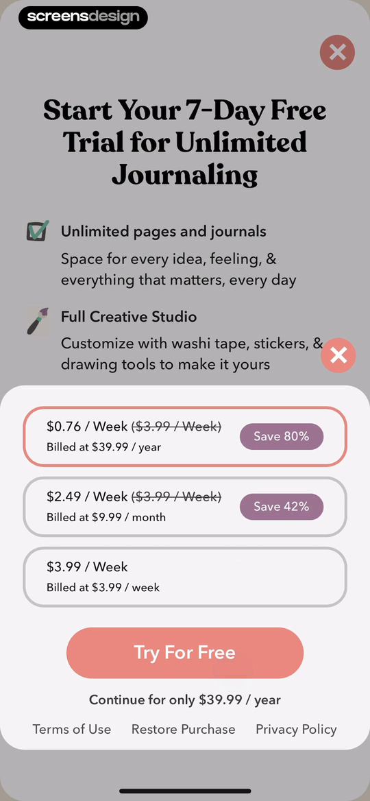 Zinnia paywall showing annual, monthly, and weekly subscription plans with savings and billed totals