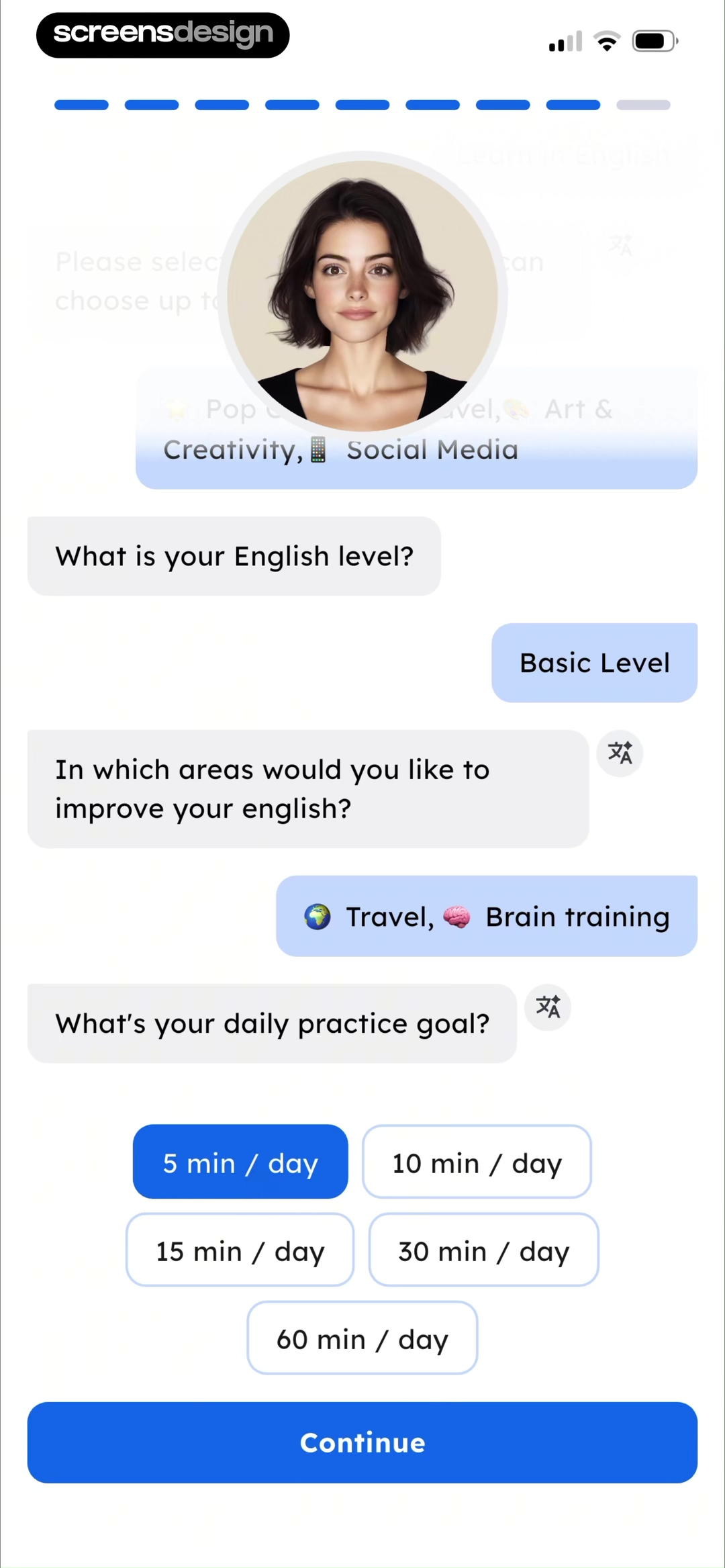 Easy Speak onboarding summary with interests English level goals and daily practice time