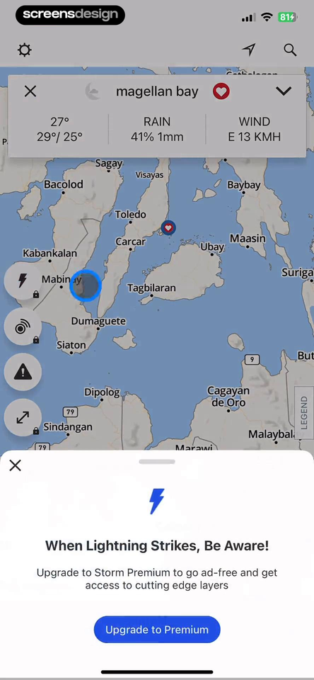 Storm Radar: Weather Tracker mobile app screen showing magellan bay and 29°/ 25°