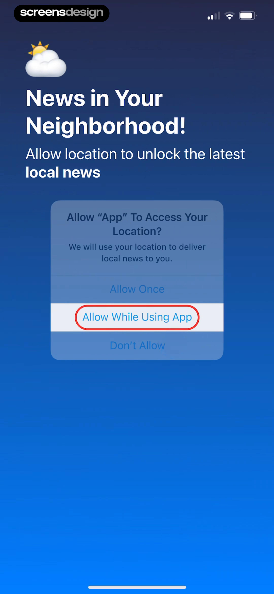 SmartNews iOS location permission dialog over a local news onboarding screen