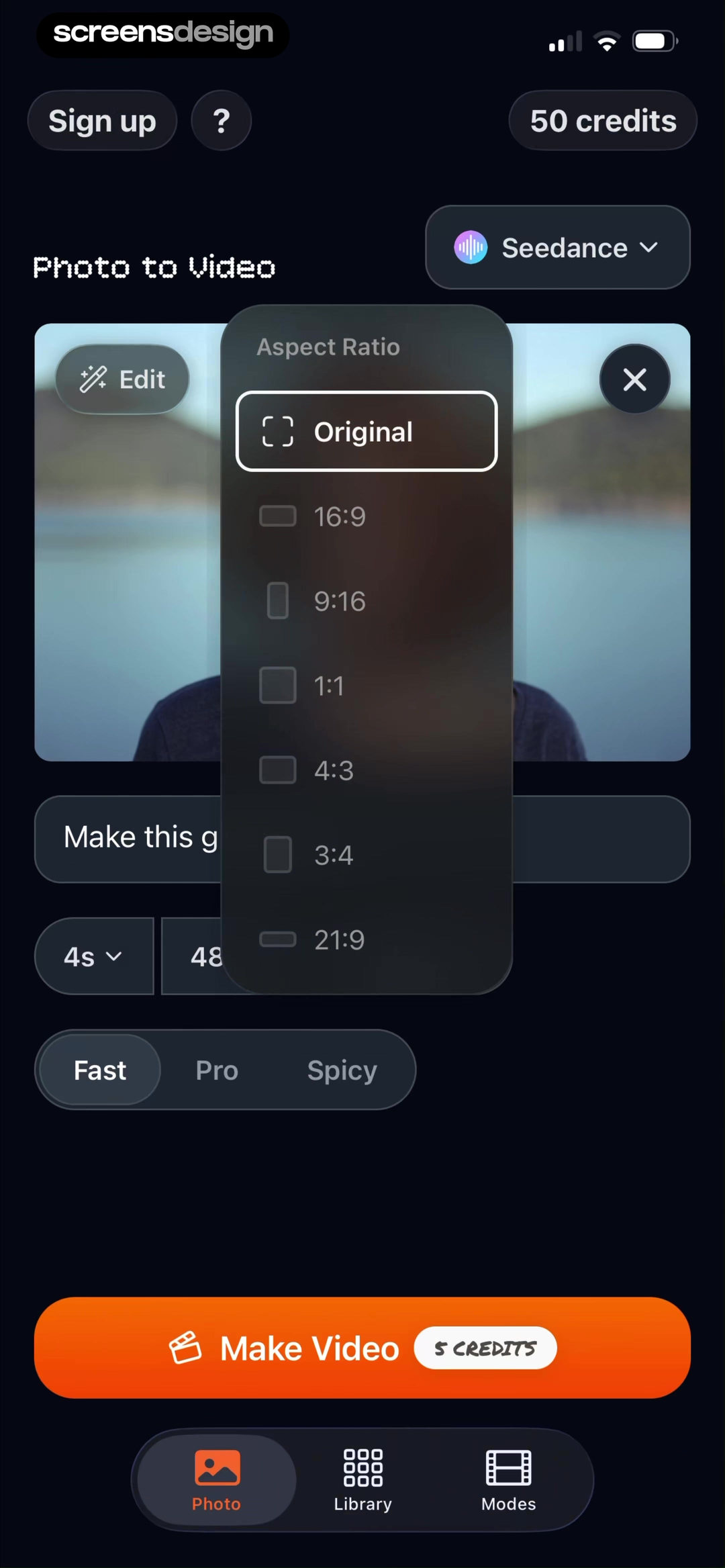 Photo to Video editor with aspect ratio choices and generation settings