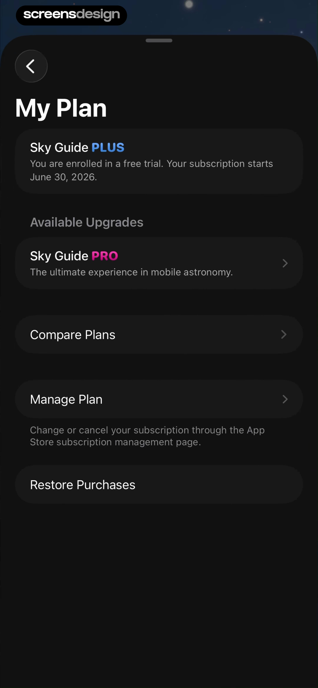 Sky Guide mobile app screen showing My Plan and Sky Guide PLUS