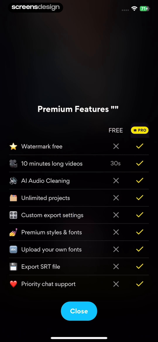 Liro screen showing free and Pro are compared across watermark, duration, cleaning, projects, export, styles, and fonts