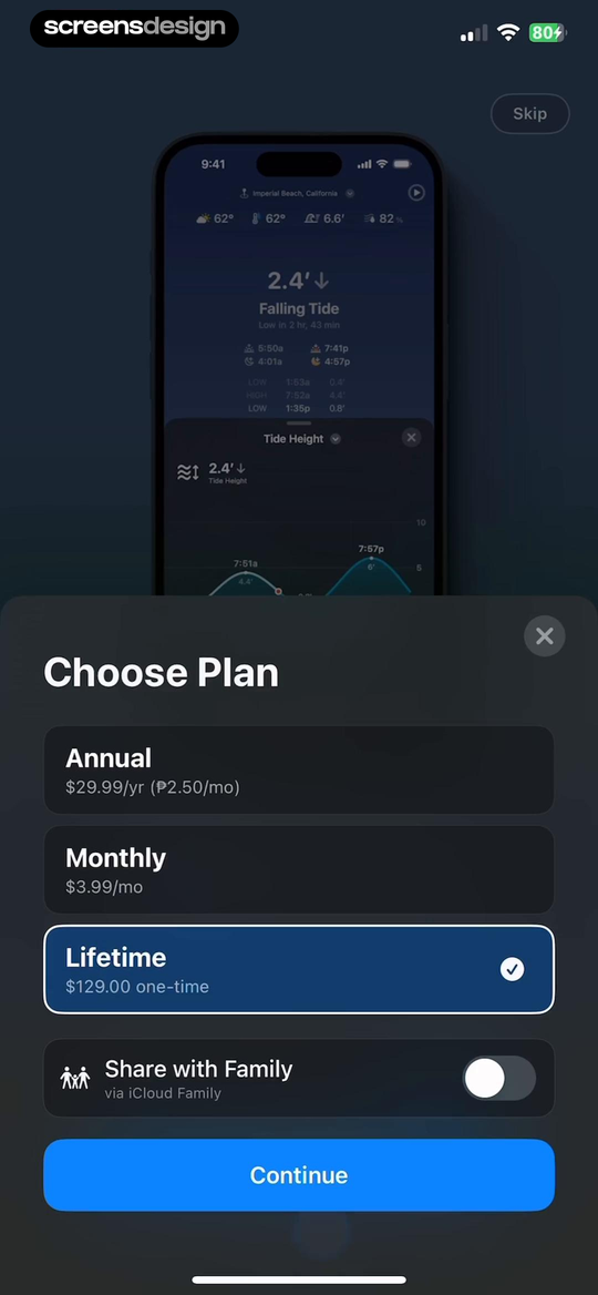 Tide Guide: Charts & Tables screen showing annual, monthly, and lifetime terms use comparable totals and equivalents, with a clear Skip route.