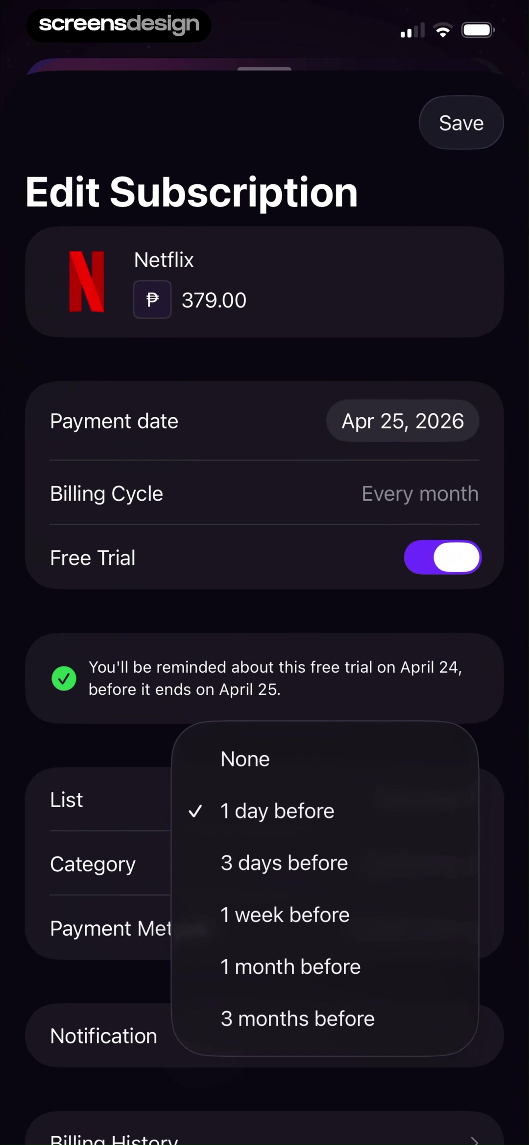 Subscription Manager screen showing reminder lead time can be selected relative to the saved subscription payment date