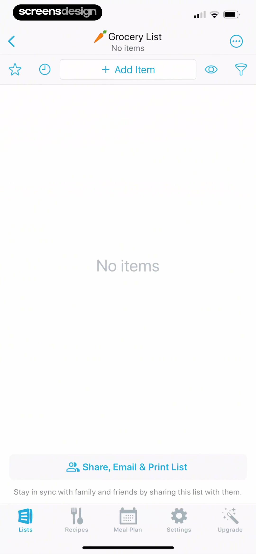 AnyList empty Grocery List with No items, Add Item, and Share, Email and Print List controls