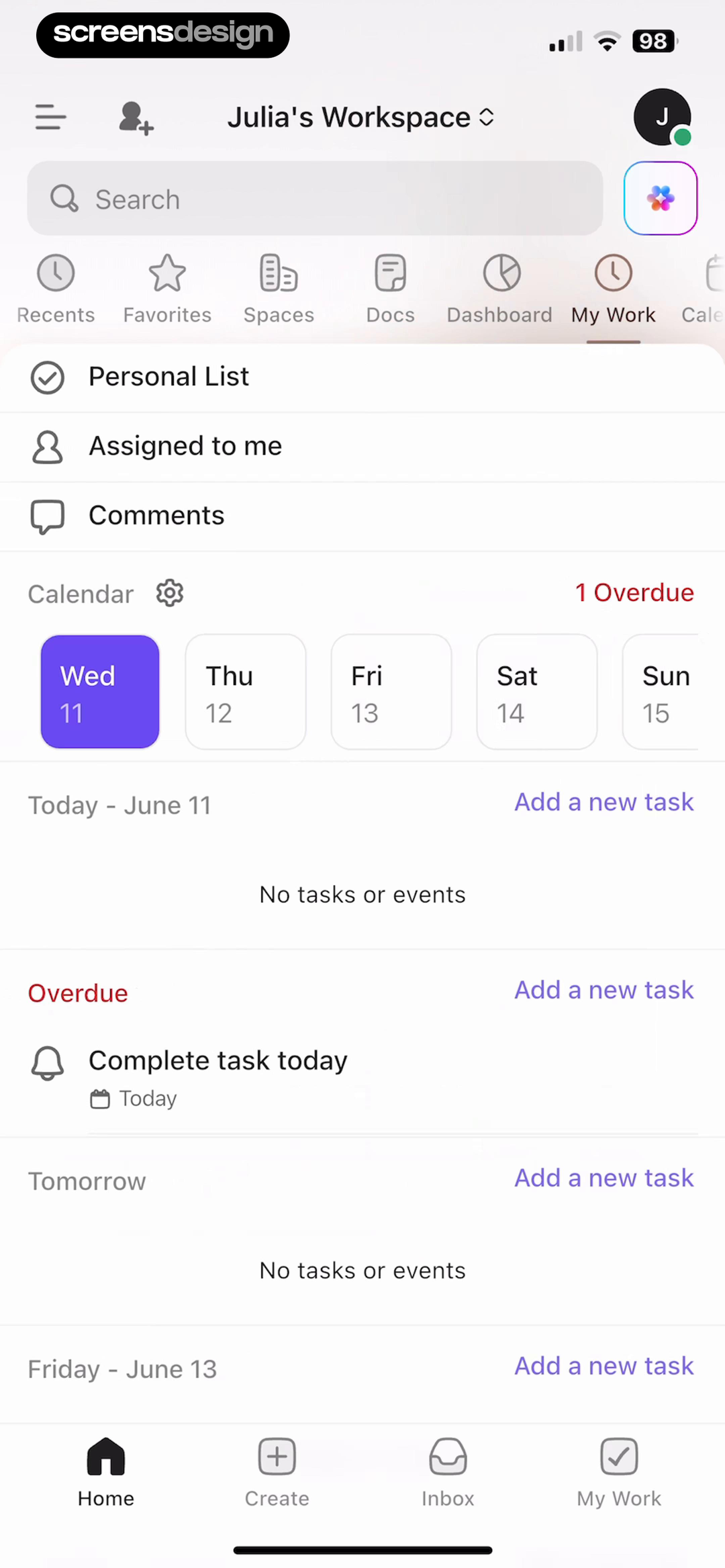 ClickUp home dashboard with workspace shortcuts, a calendar strip, empty Today state, and one overdue task