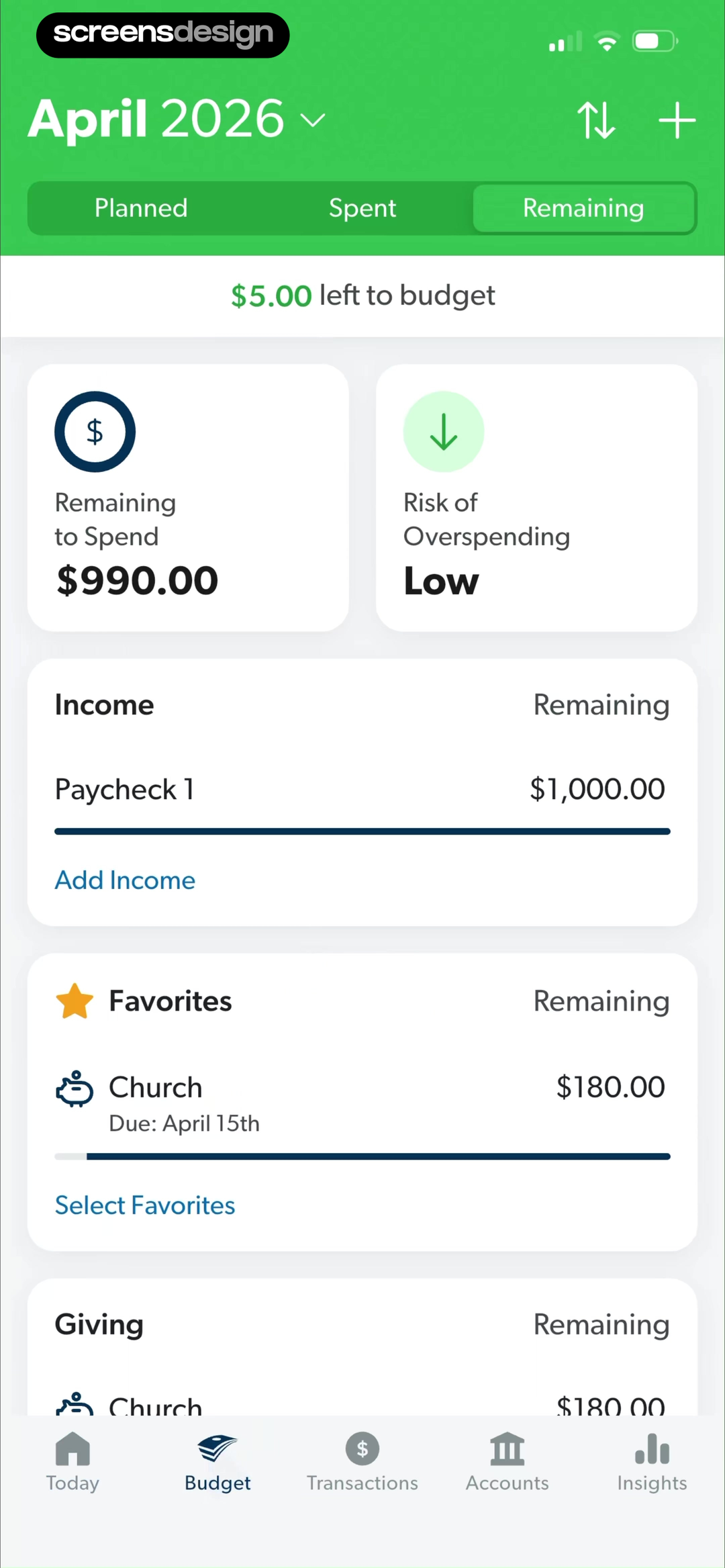EveryDollar April budget dashboard with green header, Planned Spent Remaining tabs, and labeled spending and risk cards