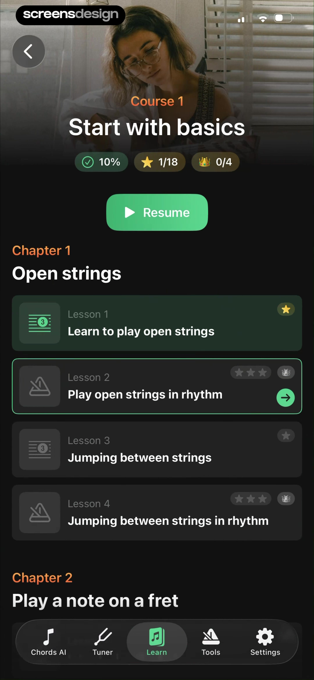 Tuner Pro screen showing course progress, Resume, chapter structure, and familiar learning tools share one return state