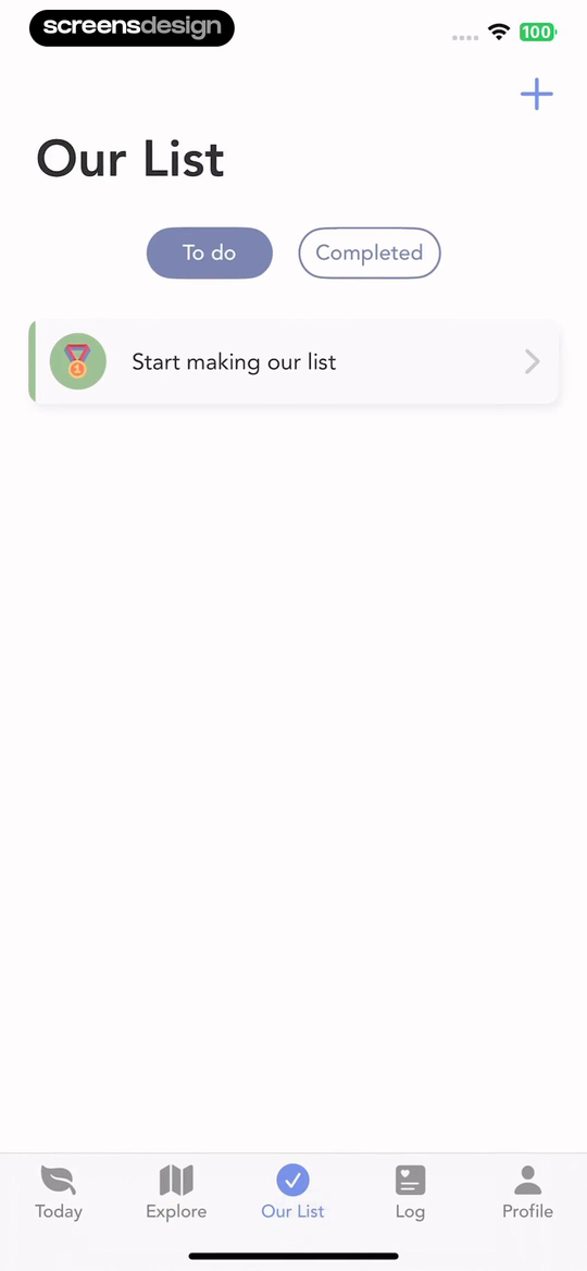 Evergreen Our List screen with a large title, add action, segmented control, disclosure row, and five-tab navigation
