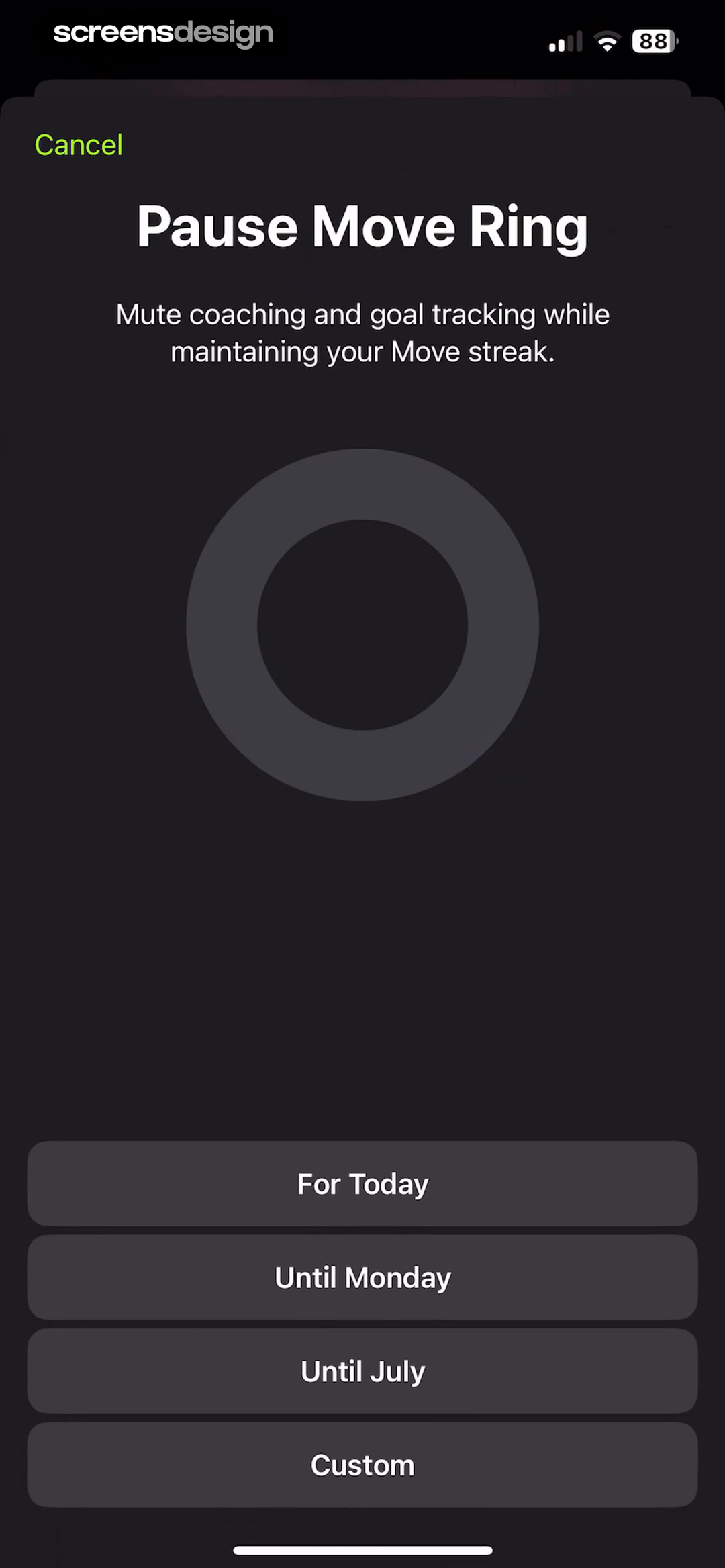Apple Fitness screen showing the pause control offers today, a named date, and a custom duration while explaining which coaching signals stop.