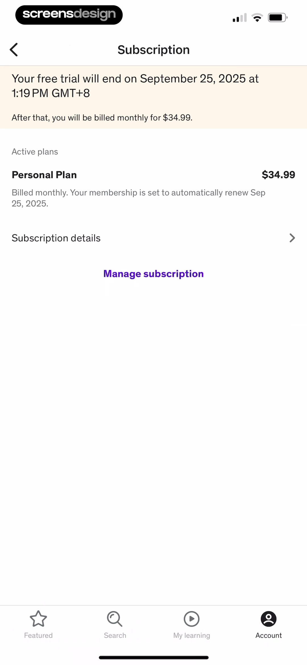 Udemy Online Video Courses screen showing an exact trial end time, monthly price, renewal date, and management action are visible