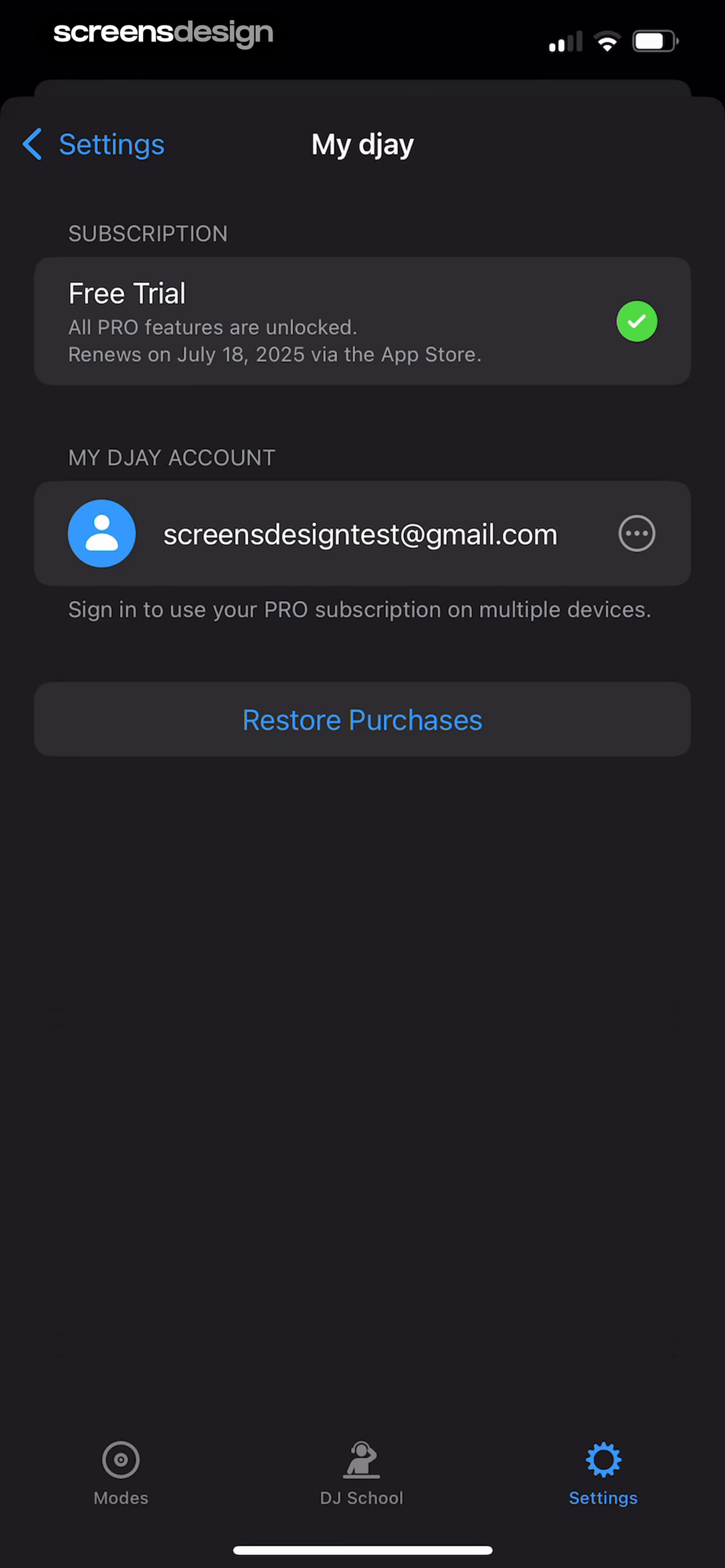 djay - DJ App & AI Mixer screen showing unlocked Pro features, renewal date, account identity, and restore controls provide context before recovery.