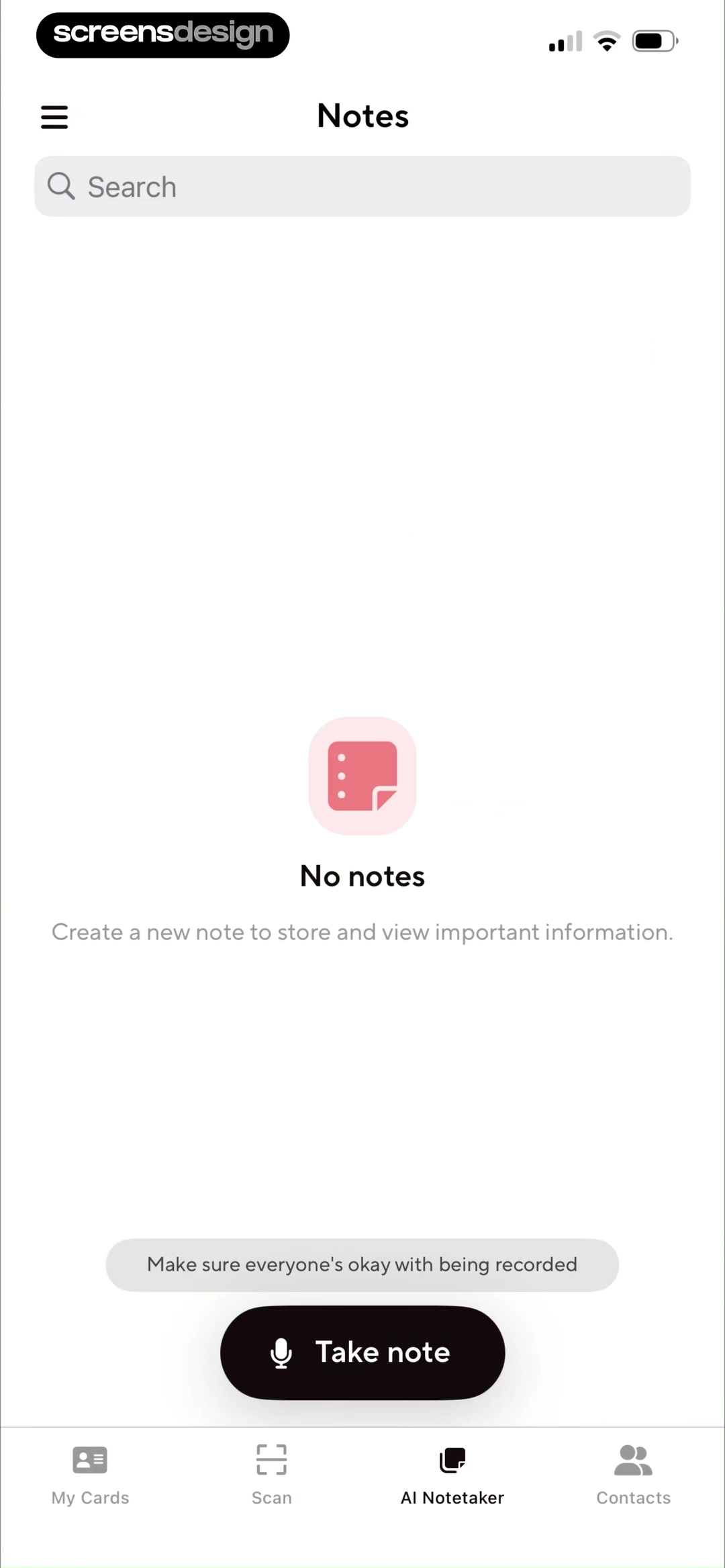 Blinq empty AI notes screen with take note action