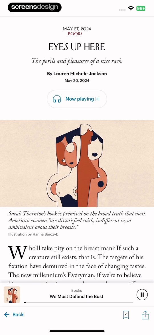 New Yorker article screen using editorial type hierarchy, illustration, and a listening control