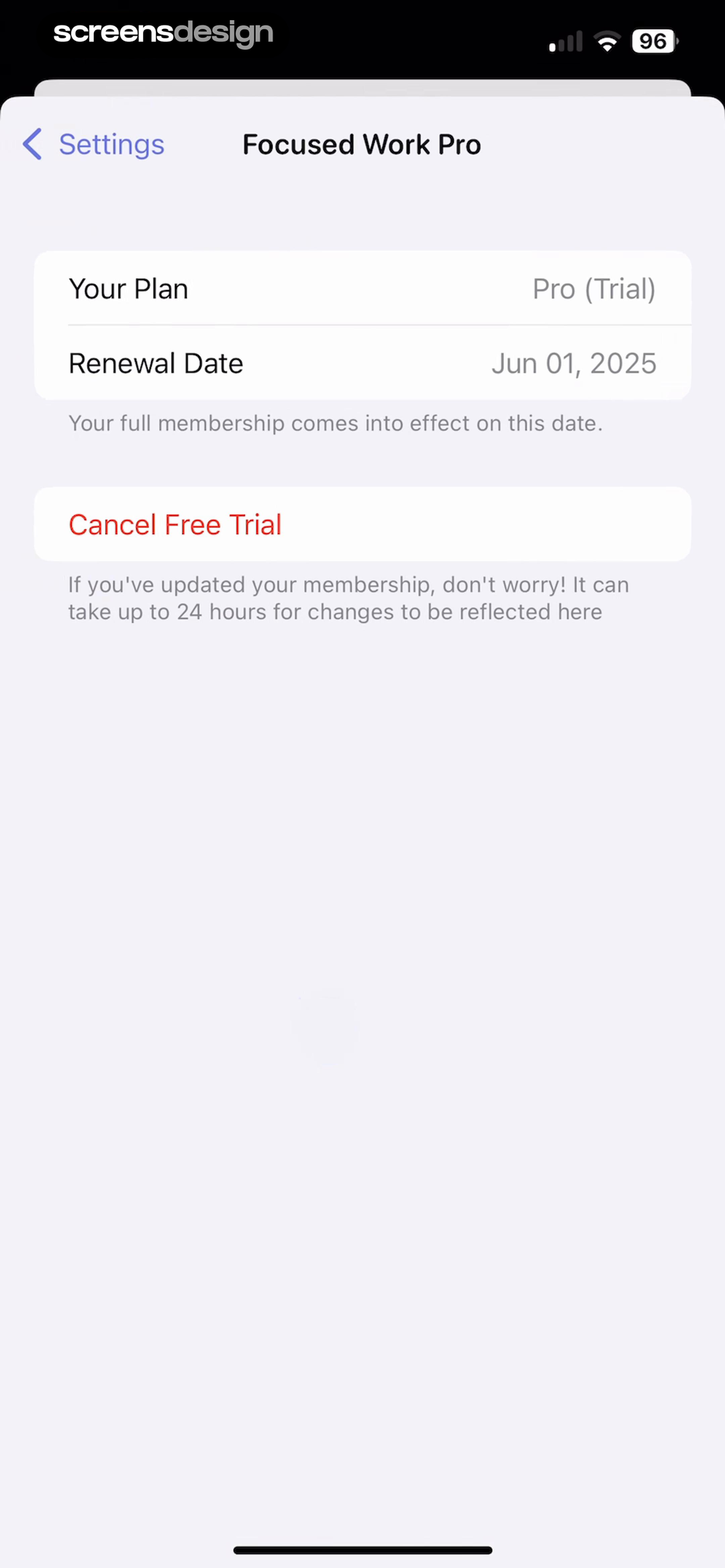 Focused Work screen showing the Pro trial state names renewal date, membership start, and a direct cancellation action