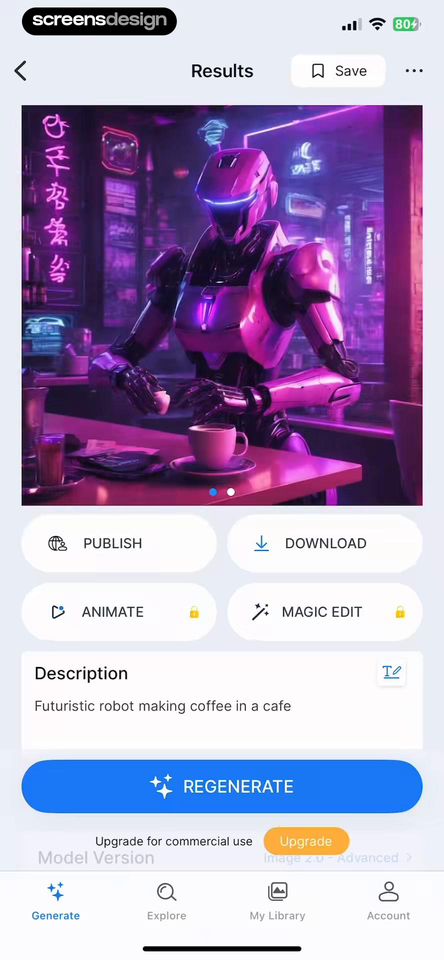 Gencraft result screen with the robot coffee prompt and regenerate, magic edit, animate, and download
