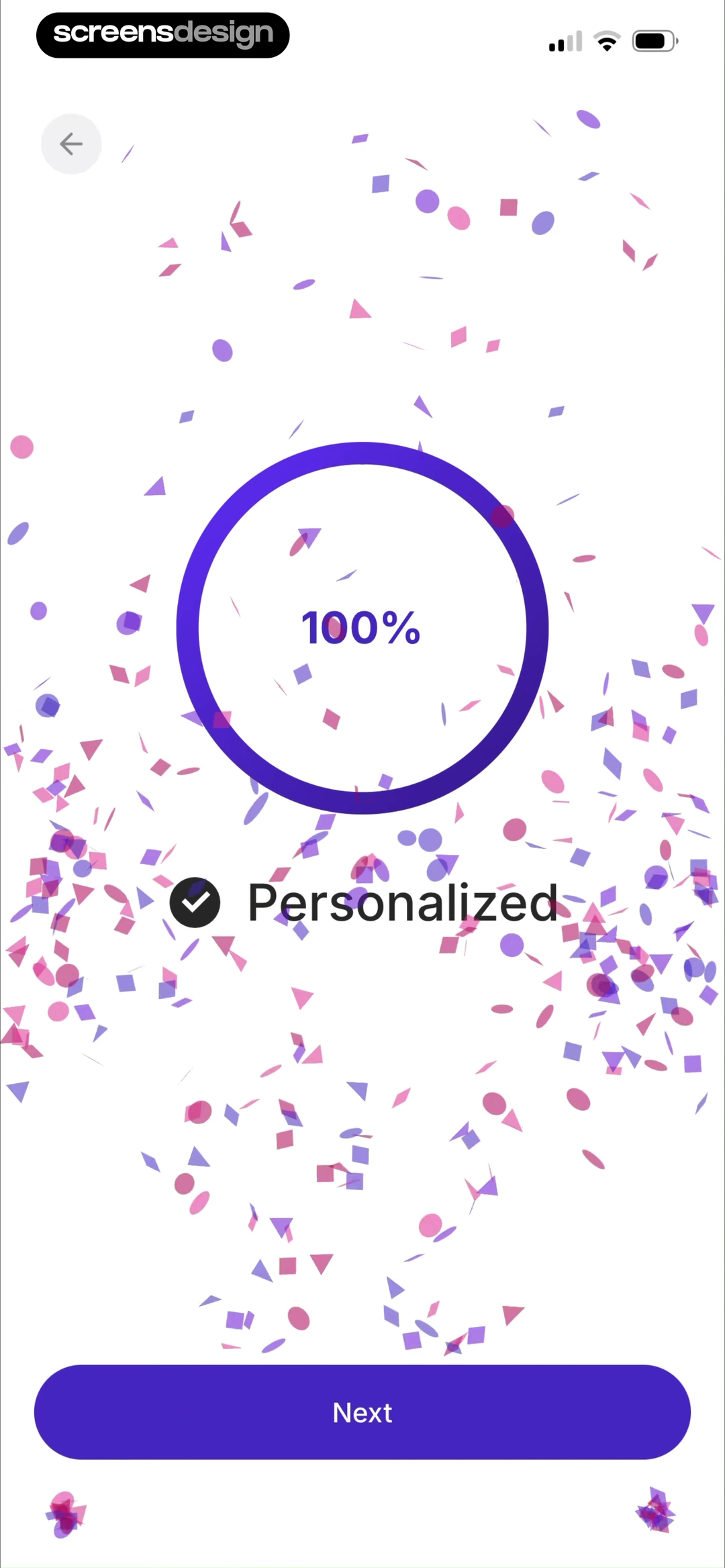 Retain Cards onboarding completion screen showing 100 percent Personalized with purple confetti