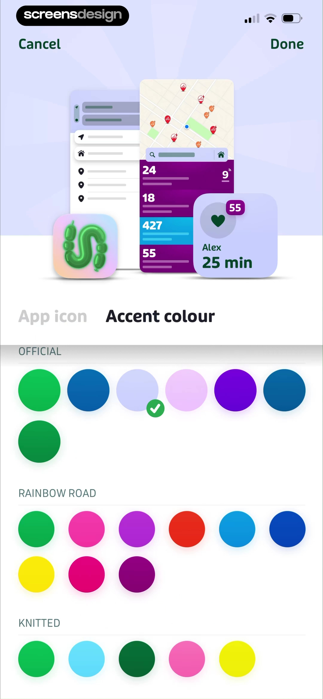 Transit appearance screen showing an interface preview and selectable accent color families