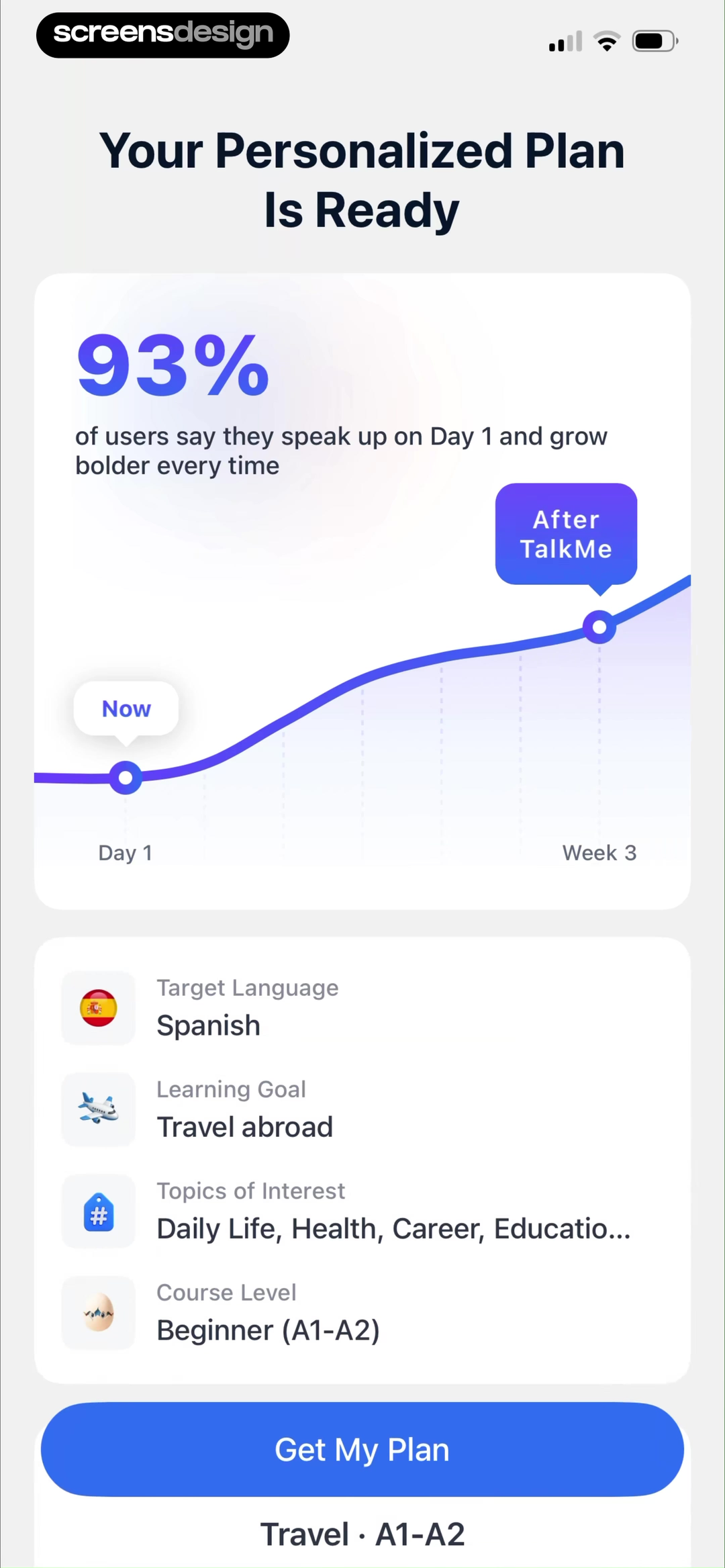 TalkMe personalized plan summary showing language, goal, interests, and course level