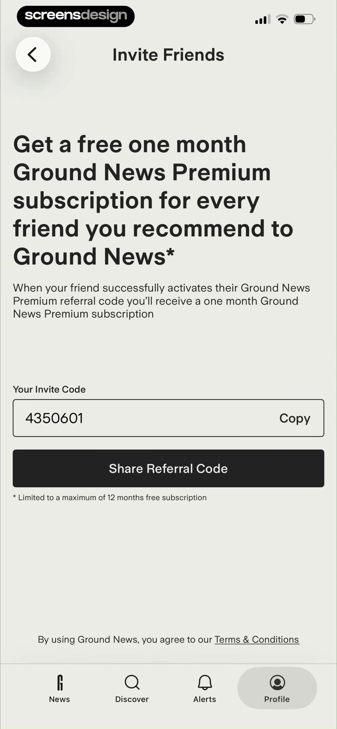Ground News screen showing each activated referral earns one Premium month, with a twelve-month maximum stated