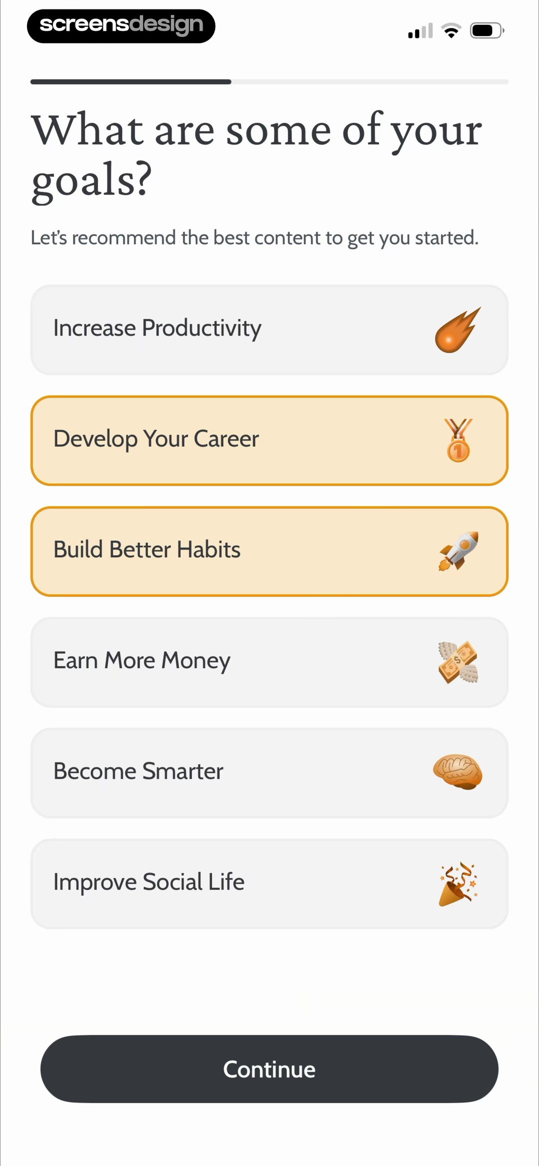 Deepstash onboarding goal picker with Develop Your Career and Build Better Habits selected