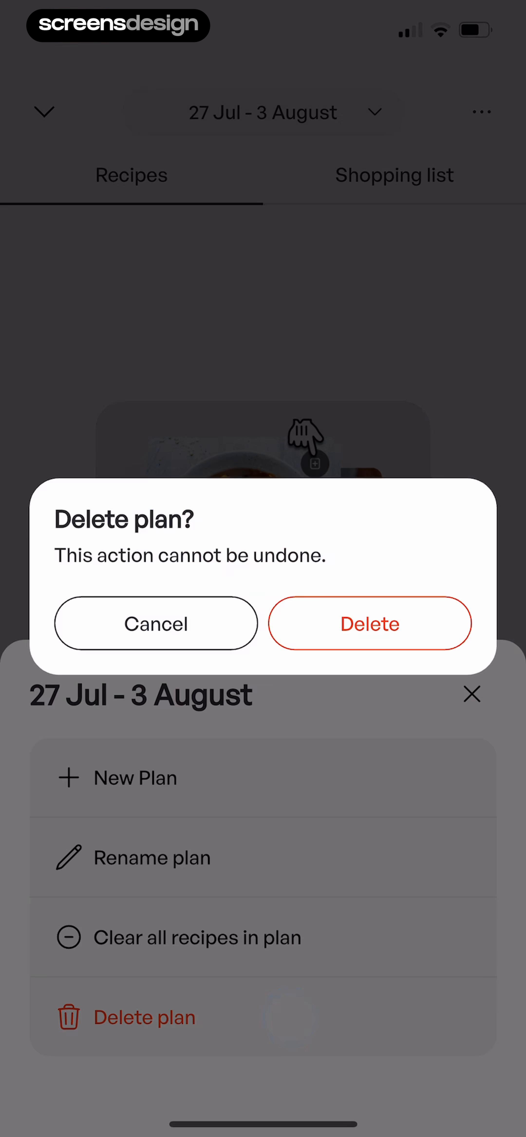 Mob iOS delete confirmation naming the meal plan action, warning that it cannot be undone, and offering Cancel and Delete