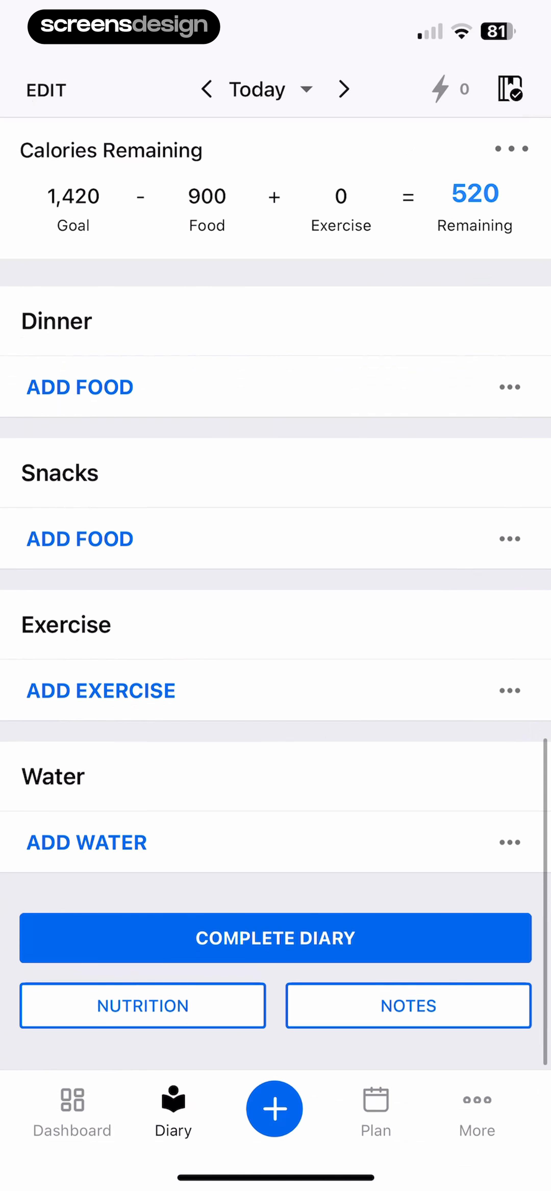 MyFitnessPal diary with calories remaining equation and food, exercise, water, and completion actions