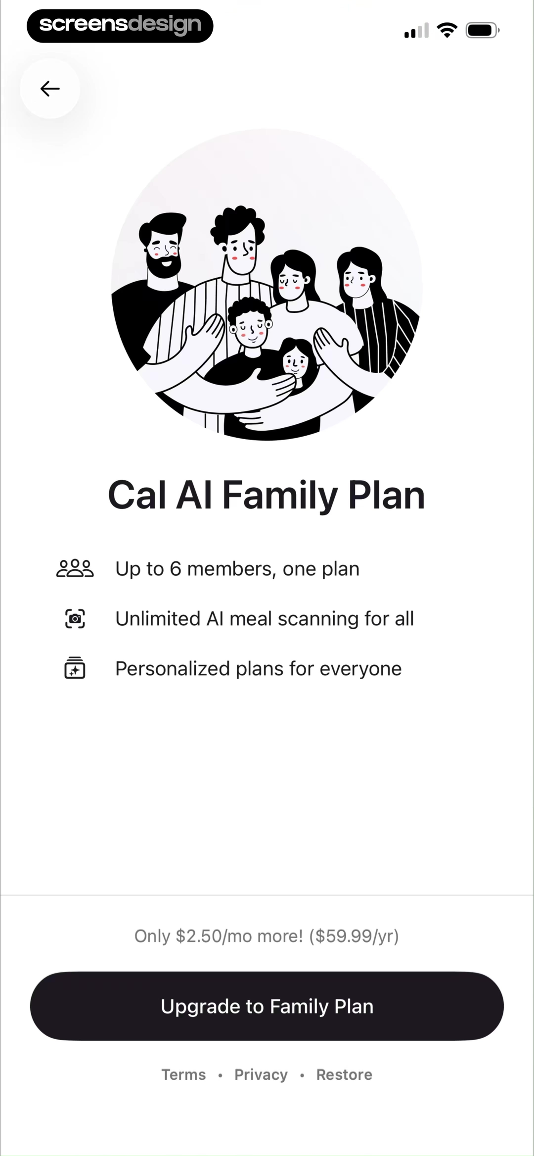 Cal AI - Calorie Tracker mobile app screen showing Cal AI Family Plan and Up to 6 members, one plan