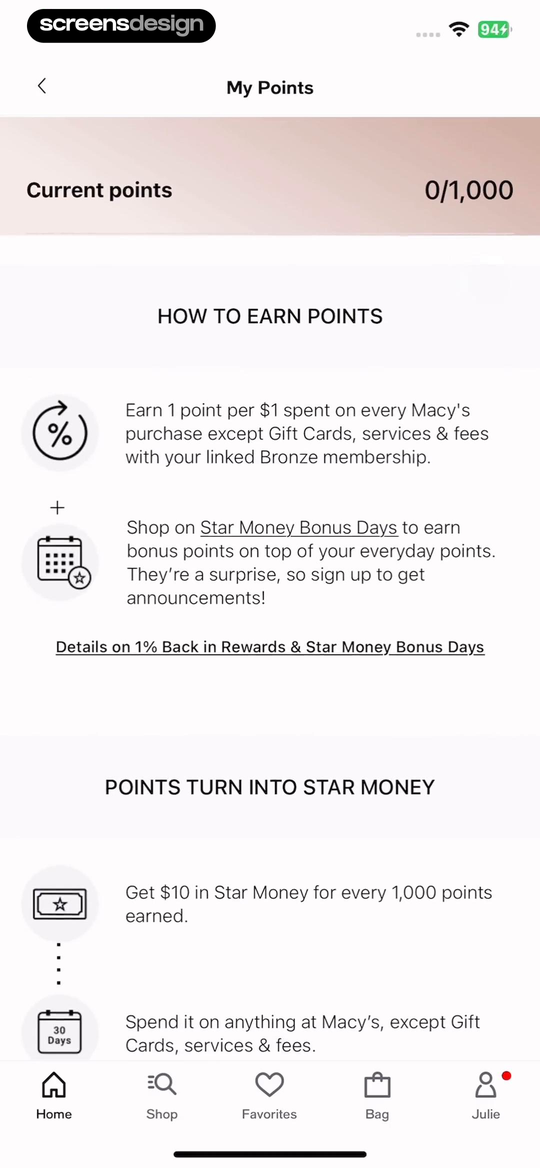 Macy's: Shop, Save, and Earn screen showing the screen explains one point per dollar, exclusions, bonus days, and the 1,000-point conversion into Star Money.