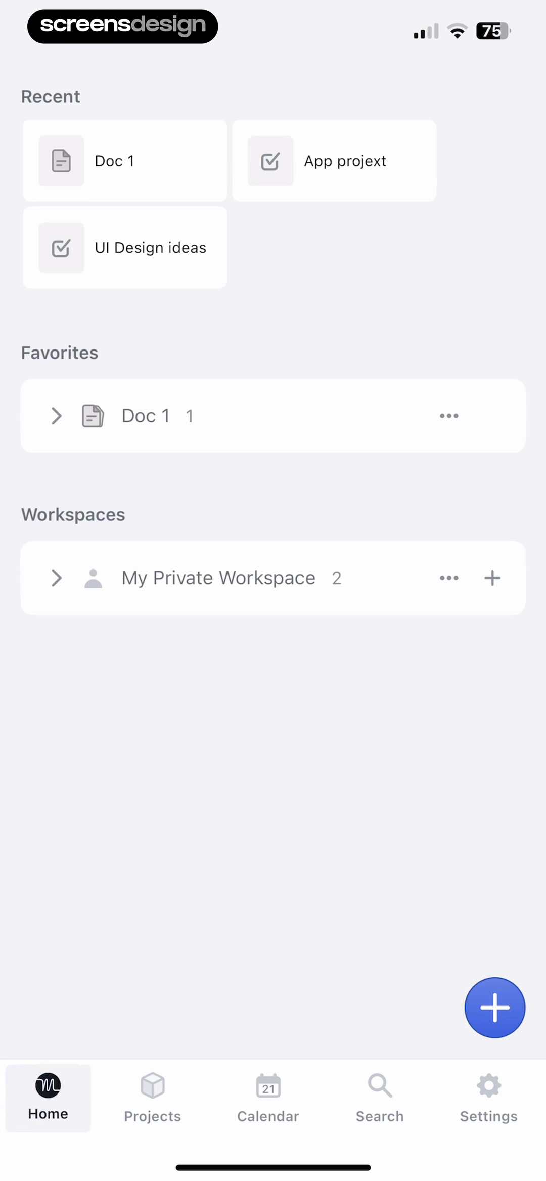 Motion home screen with recent work, favorites, workspaces, and a collapsed create action