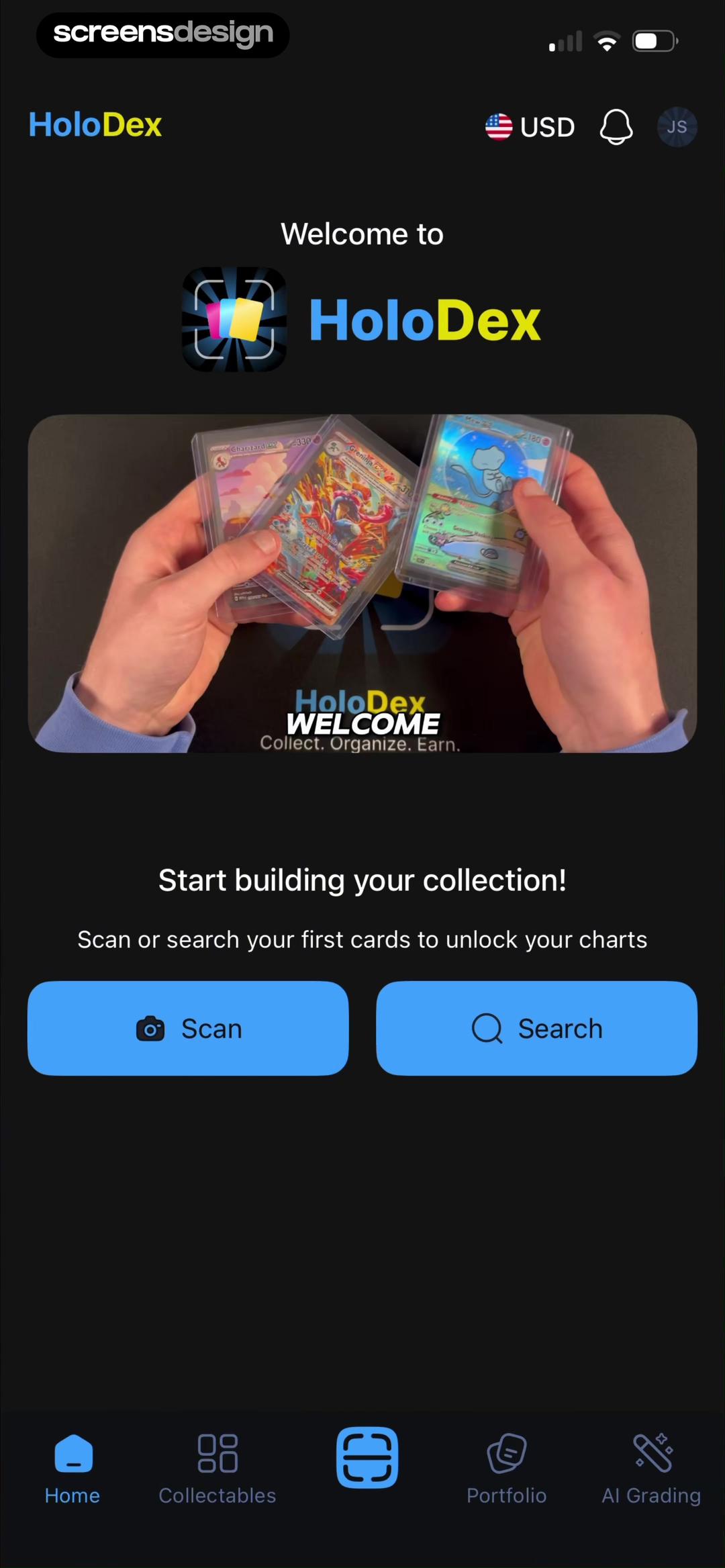 HoloDex home screen with Scan and Search actions