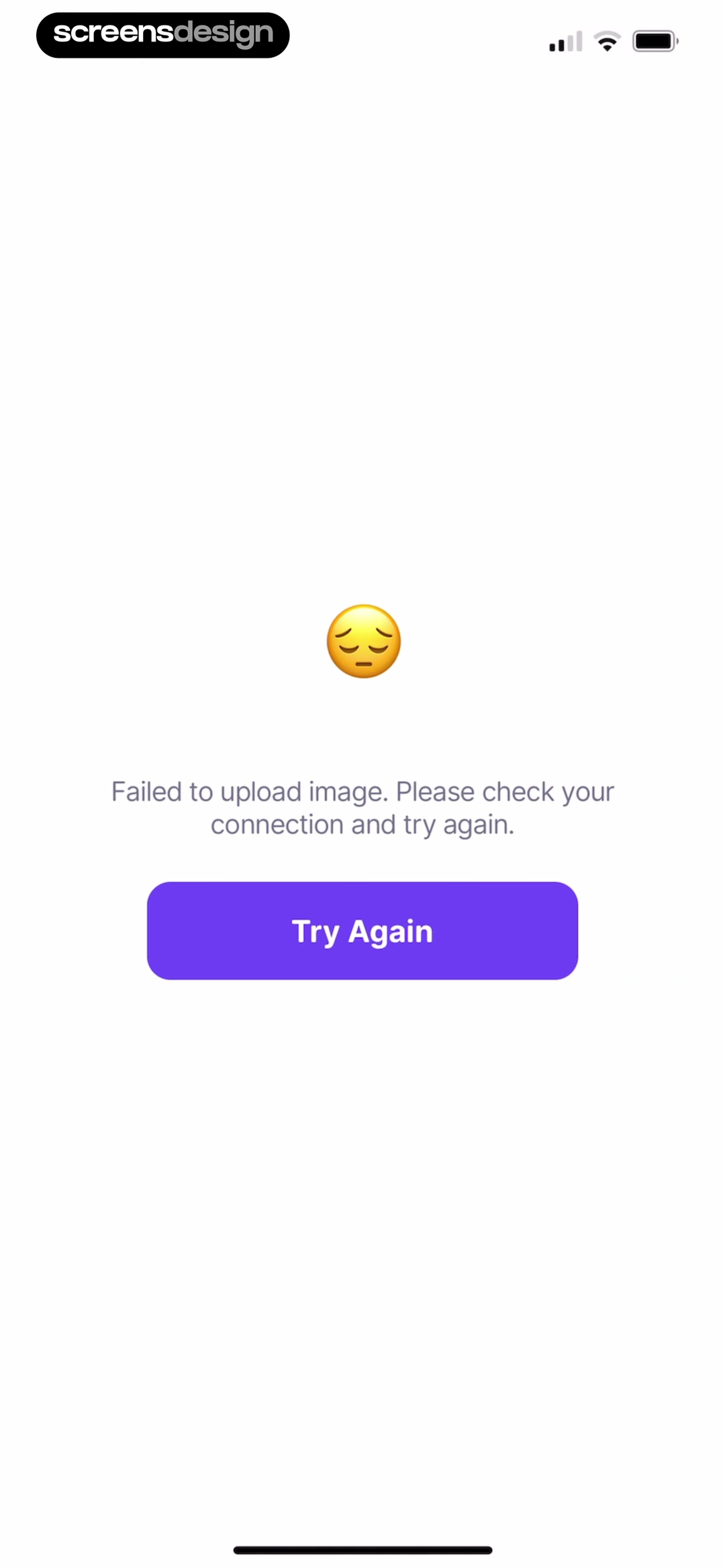 Depuff failed image upload screen asking the user to check the connection and try again