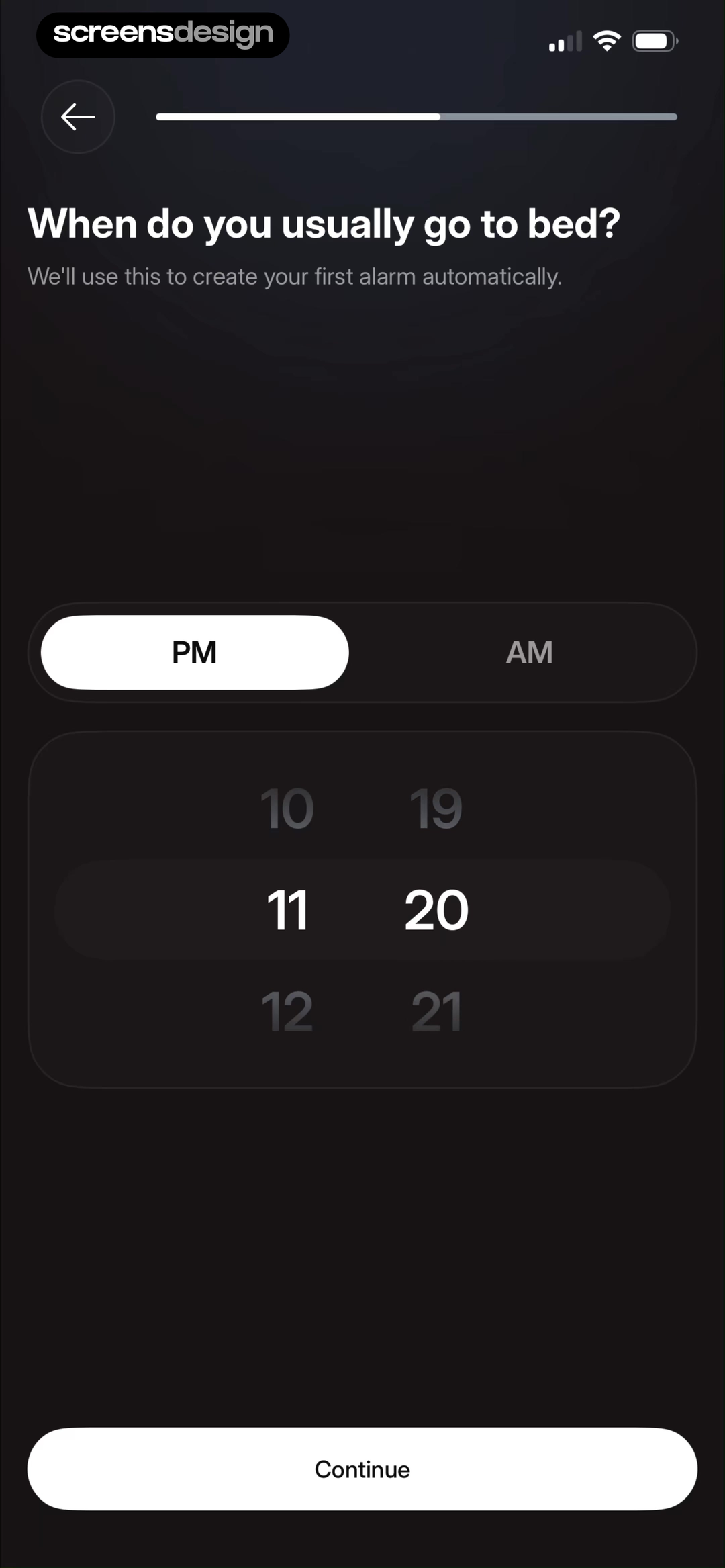 Flow - Wake Up screen showing usual bedtime is explicitly used to create the first alarm automatically.