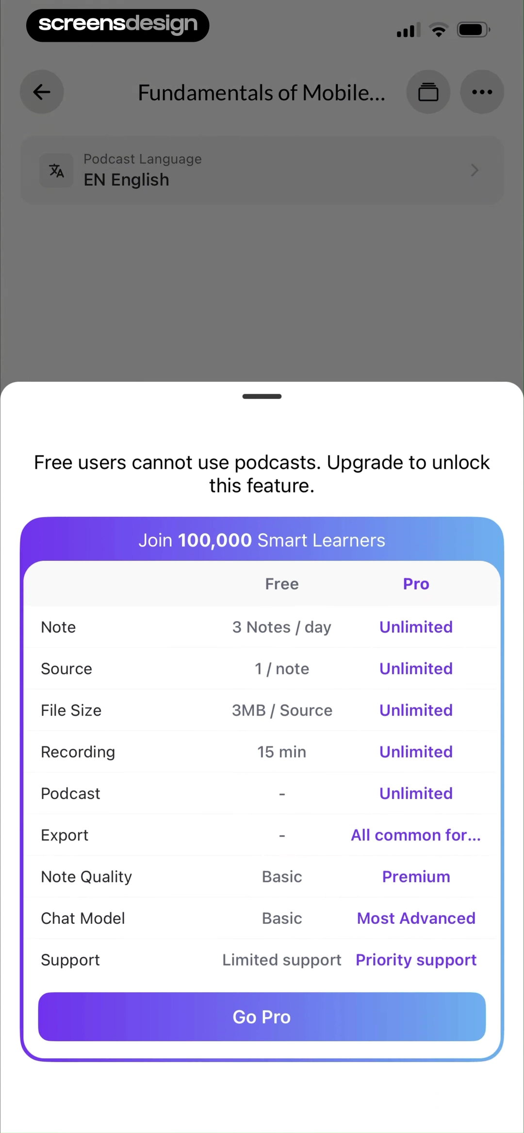 ThetaWave-AI Study Notes screen showing the podcast gate explains free unavailability and keeps the Free and Pro comparison visible