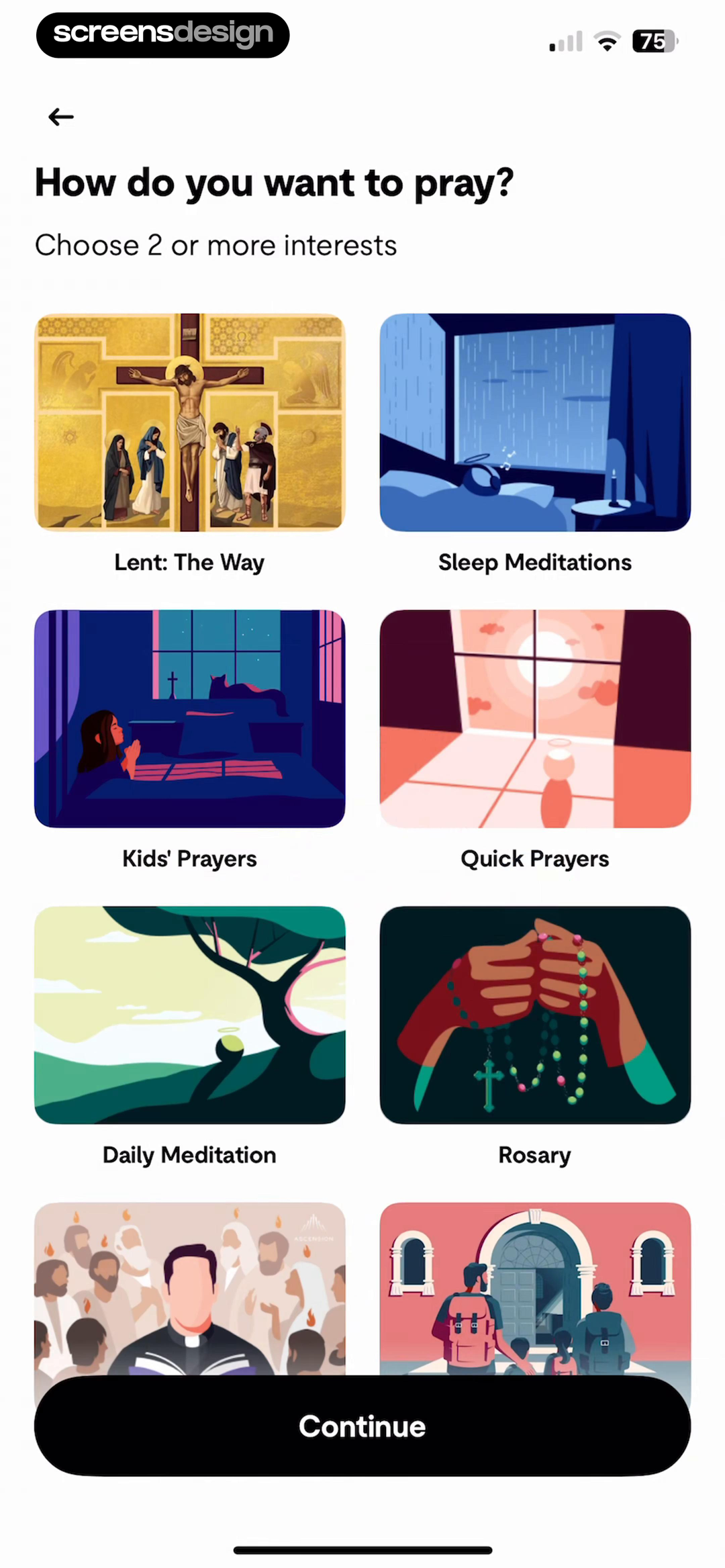 Hallow onboarding screen for choosing prayer interests