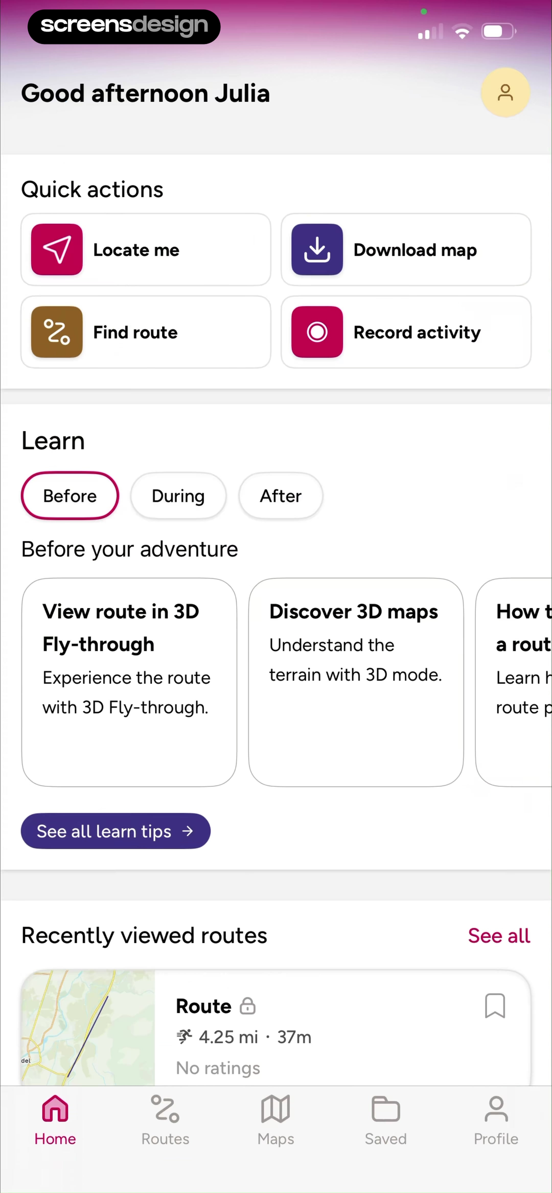 OS Maps home screen separating quick actions, learning content, recent routes, and persistent navigation