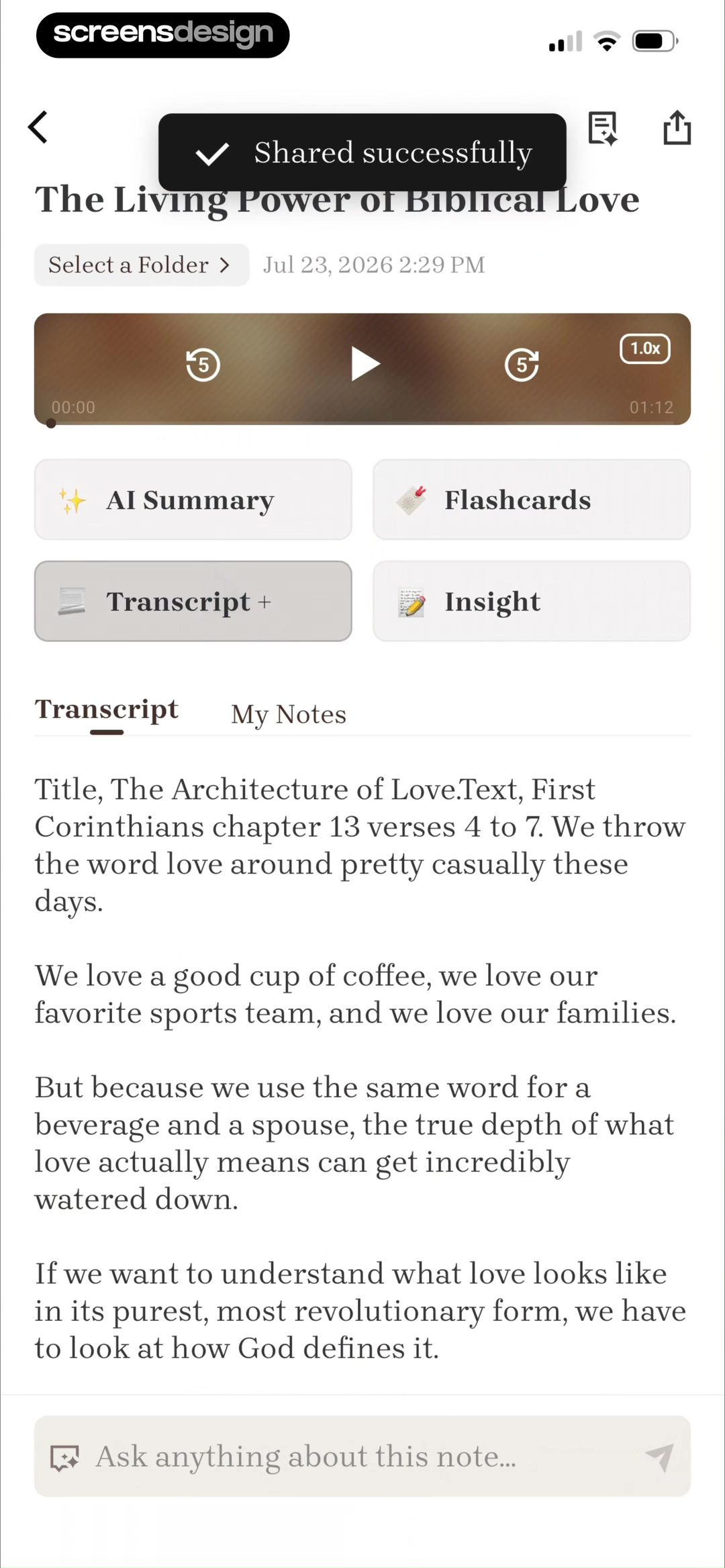 Bible Note sermon recording and AI summary workspace