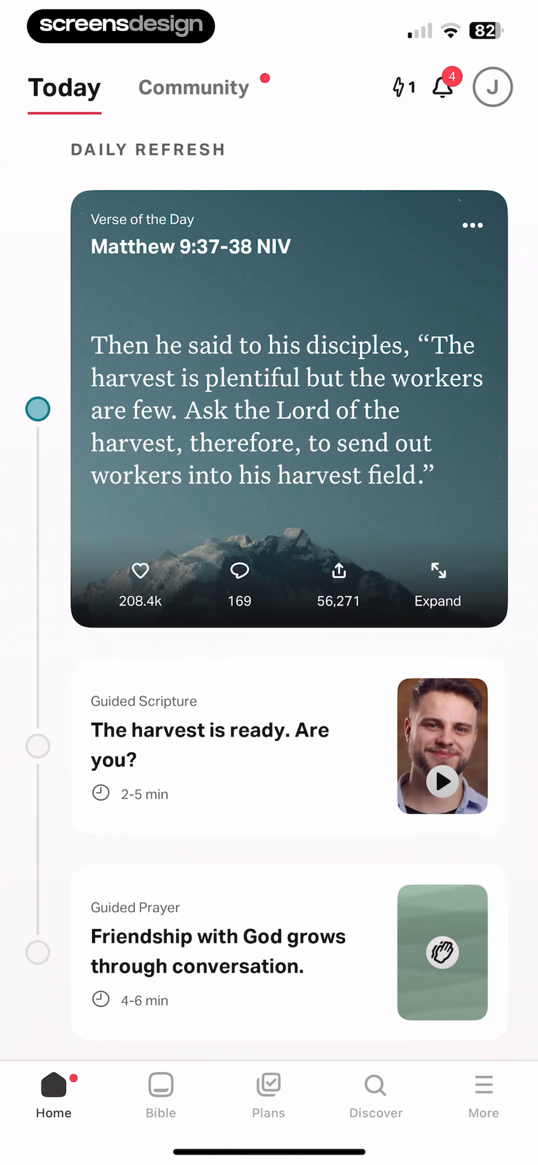 YouVersion Bible Today screen with verse, scripture, and guided prayer content