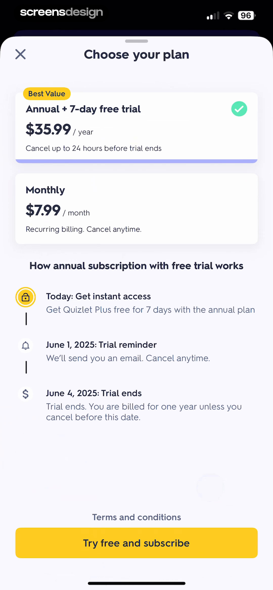 Quizlet plan selection paywall with annual free trial, monthly billing, trial dates, and subscribe button