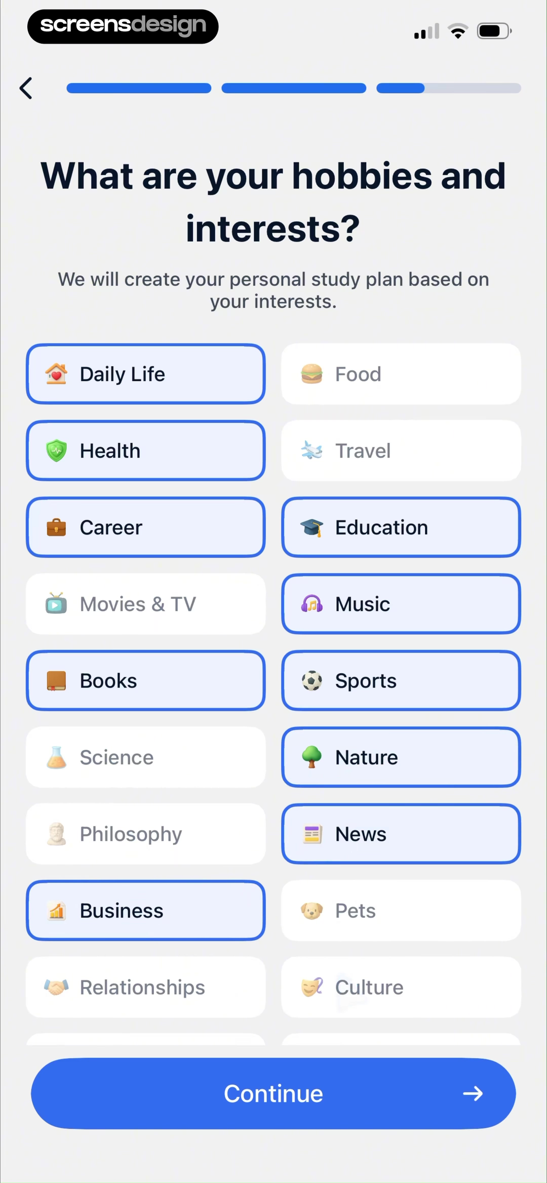 TalkMe onboarding screen for selecting hobbies and interests for a personal study plan