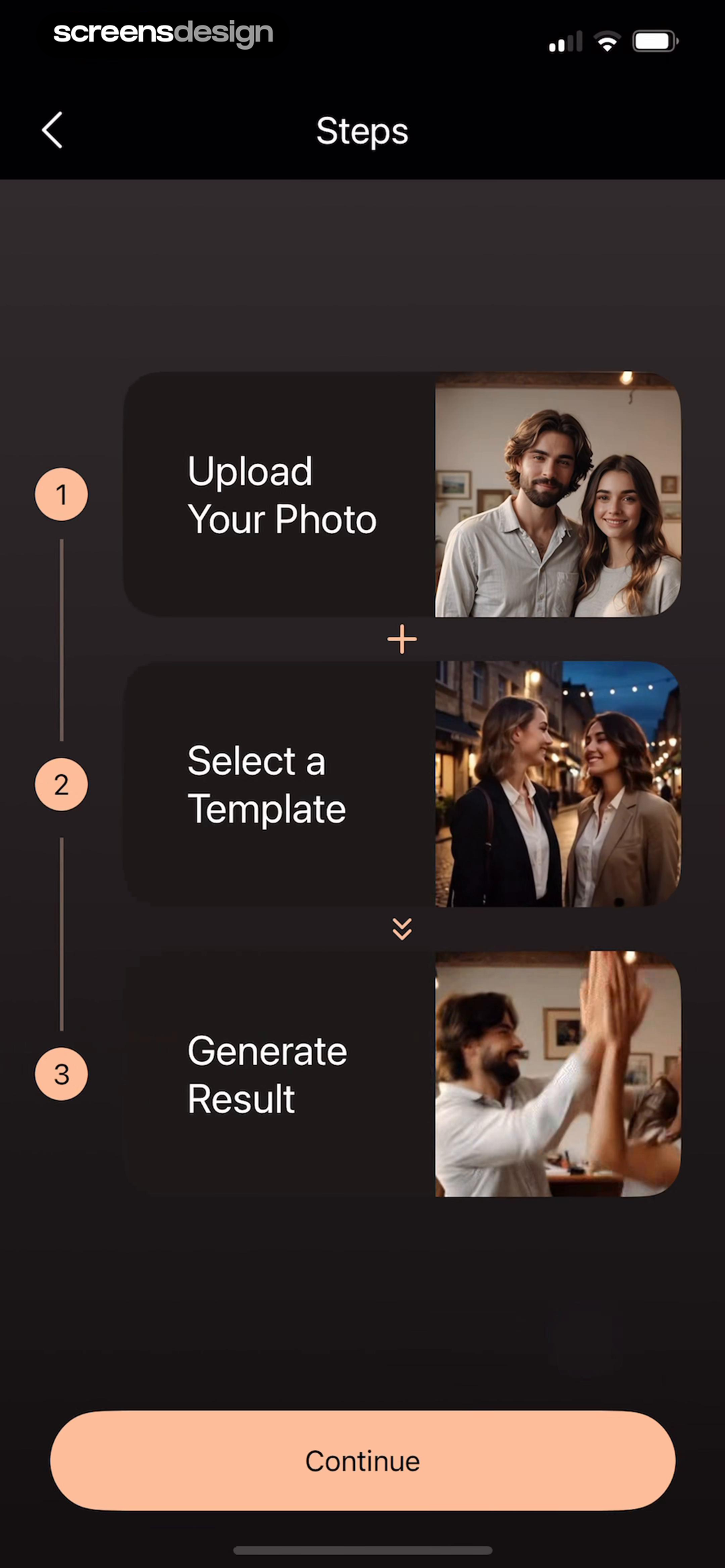 PhotoDirector AI photo workflow showing upload template and generate result steps